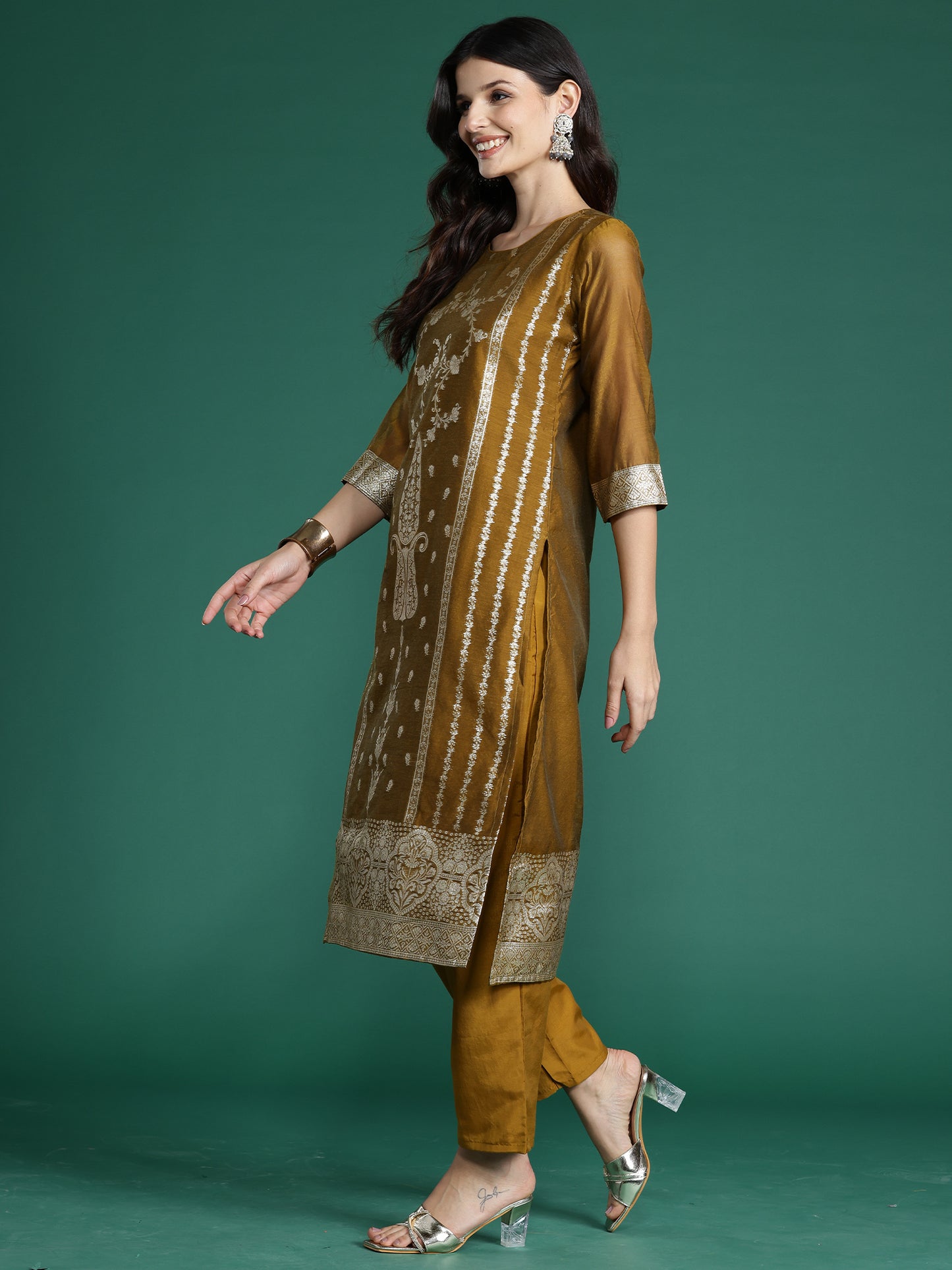 IE Mustard Woven Design Straight Kurta Trousers With Dupatta  Set