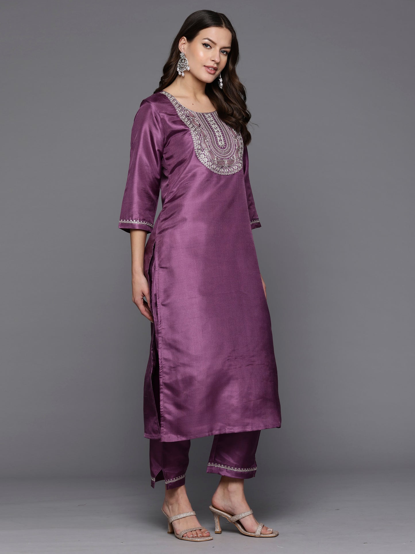 IE Lavender Embroidered Straight Kurta Trousers With Dupatta Set