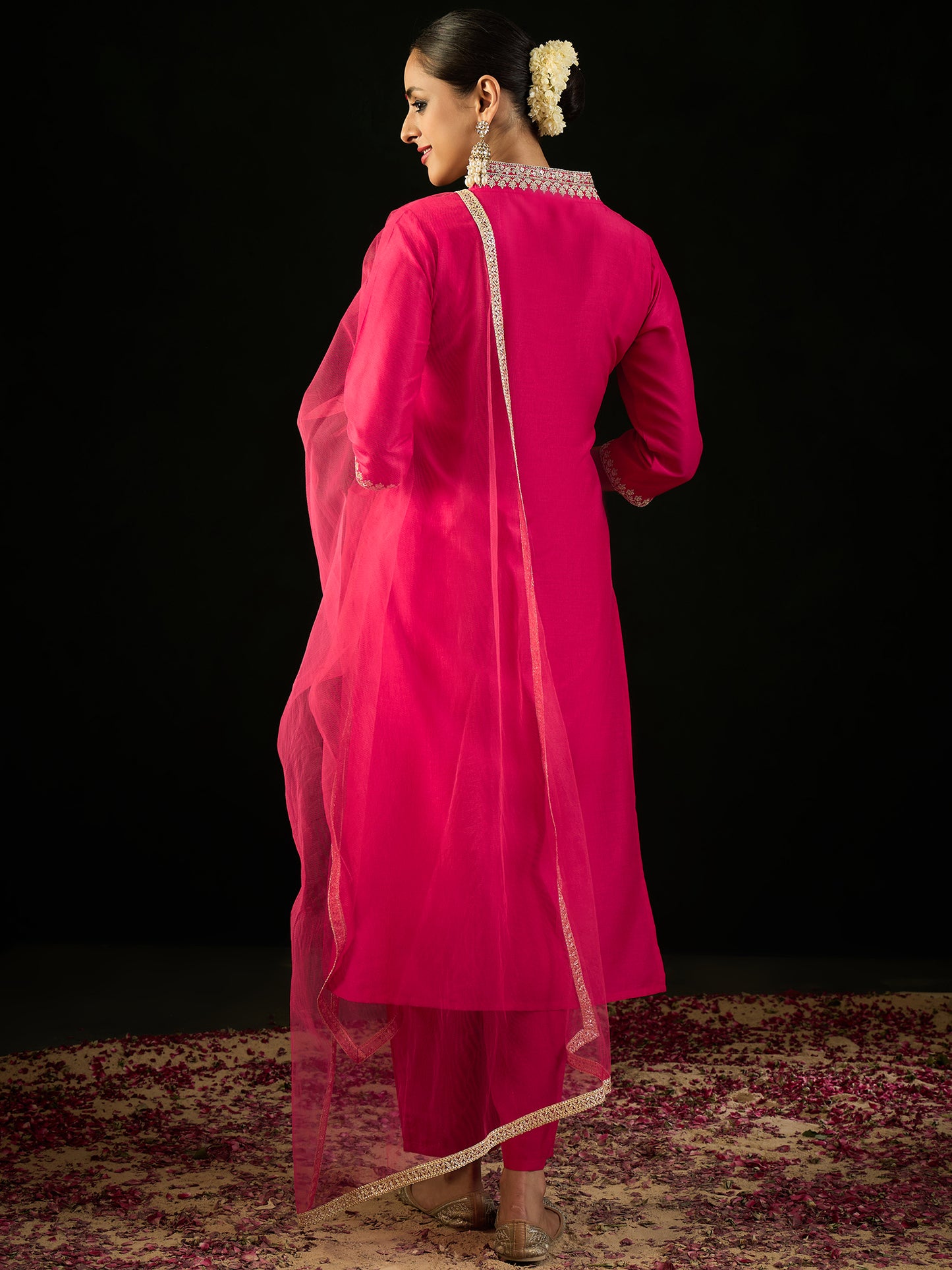 IE Magenta Embroidered Straight Kurta Trousers With Dupatta set