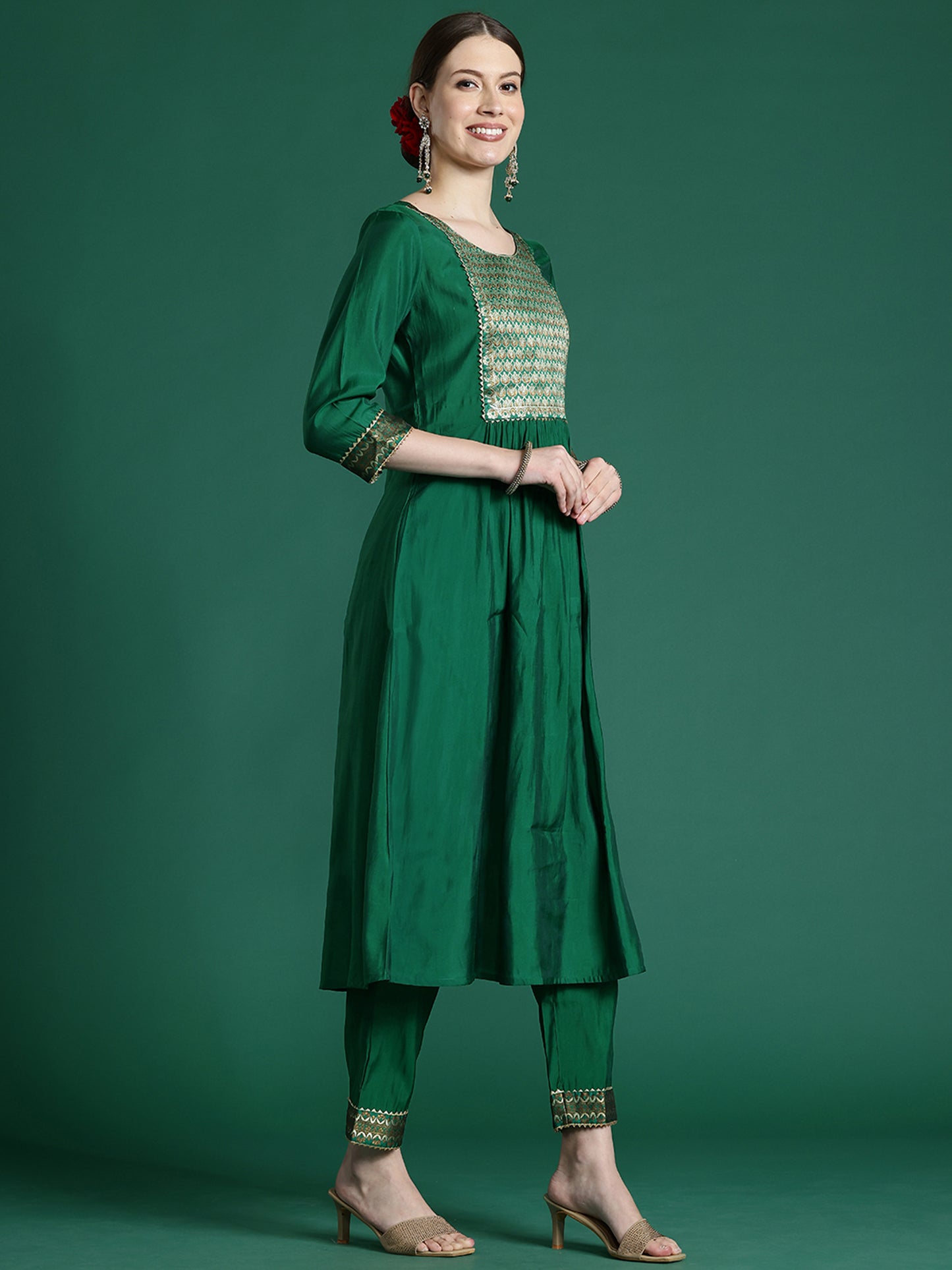 IE Green Yoke Design A-Line Kurta Trousers With Dupatta set