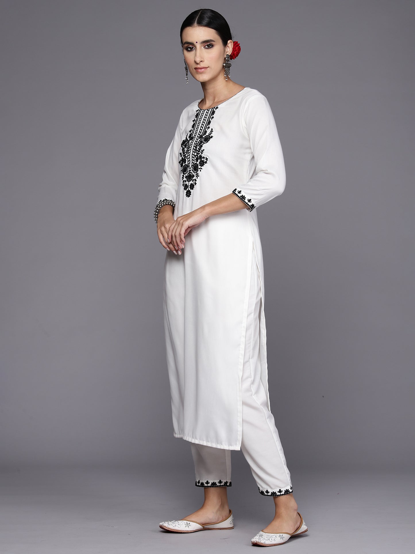 IE White Embroidered Straight Kurta Trousers With Dupatta Set