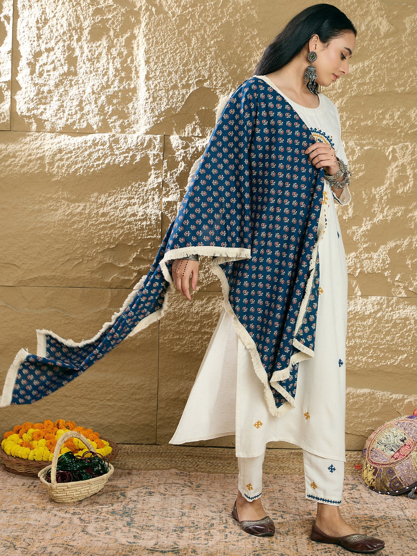 IE Cream Embroidered Straight Kurta Trousers With Dupatta Set