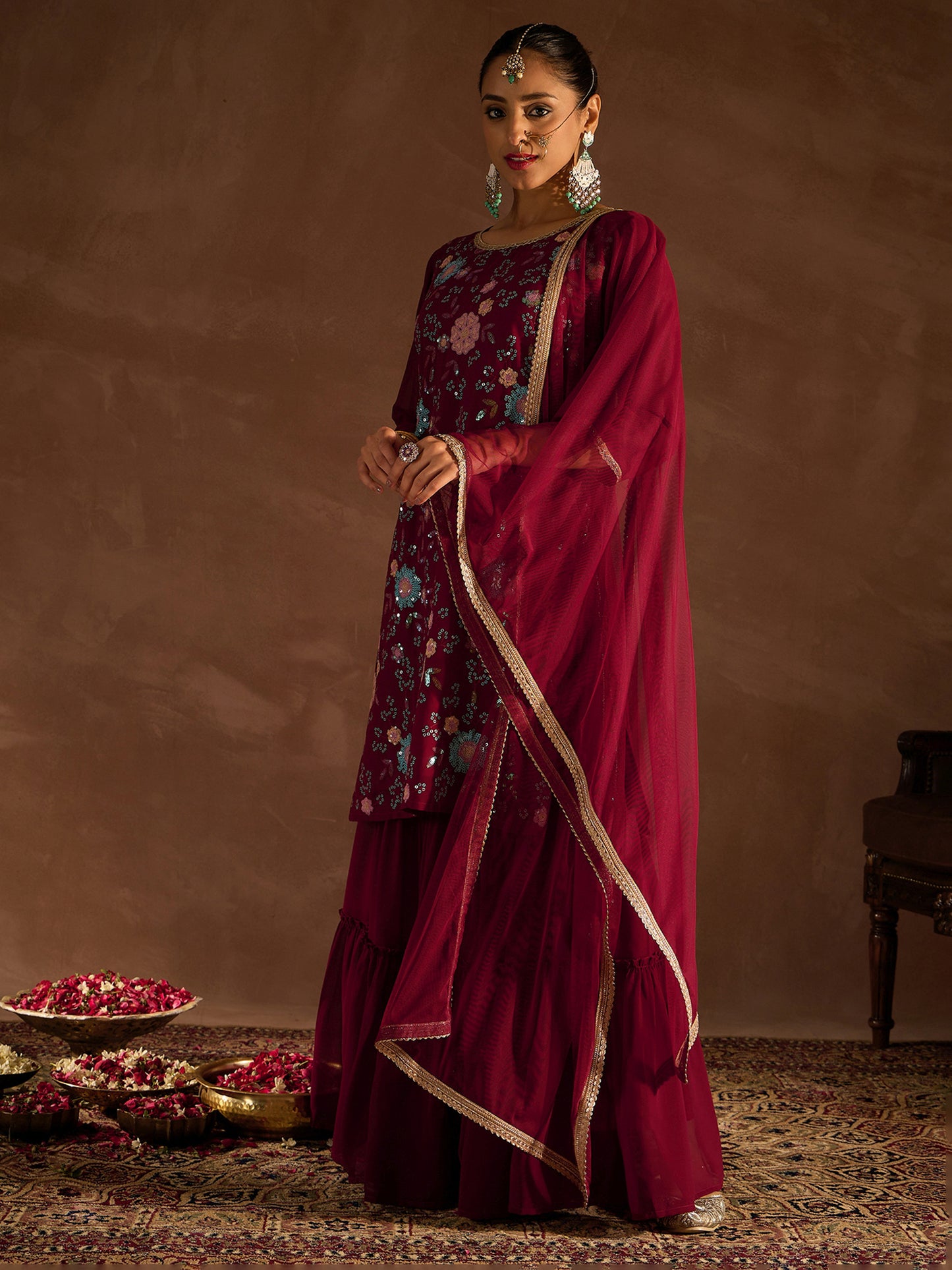 IE Maroon Embroidered Straight Kurta Sharara With Dupatta set