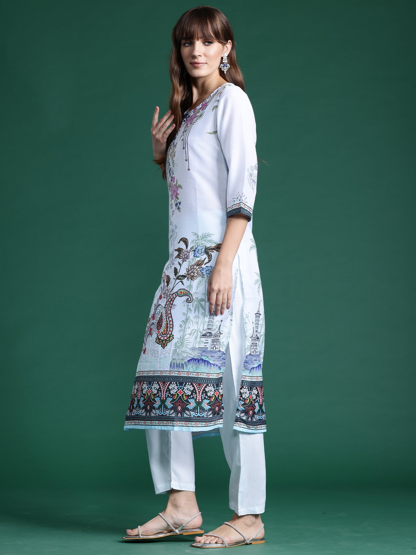 IE Blue Printed Straight Kurta Trousers With Dupatta set