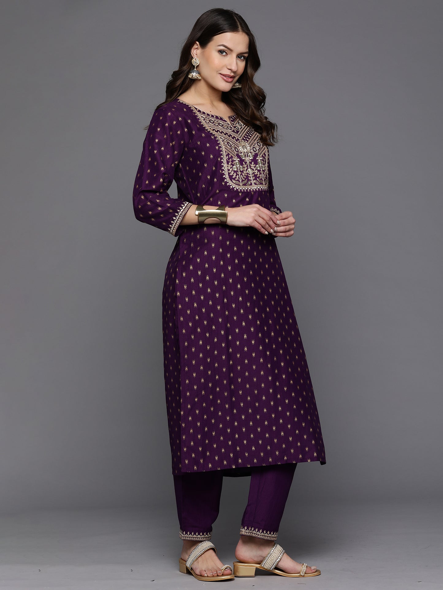 IE Purple Embroidered Straight Kurta Trousers With Dupatta Set