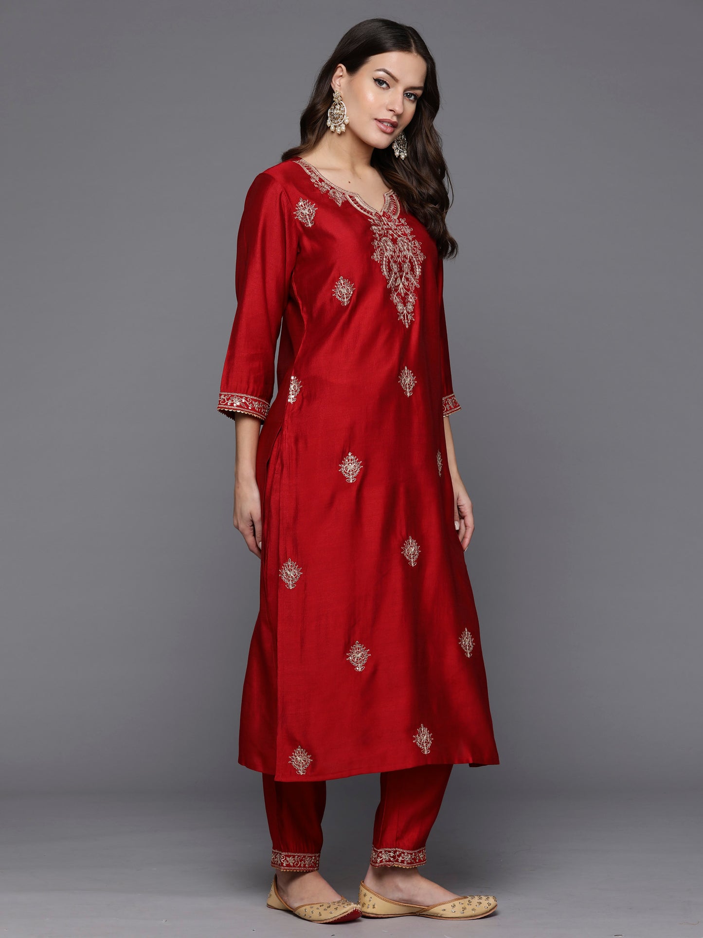 IE Red Embroidered Straight Kurta Trousers With Dupatta Set