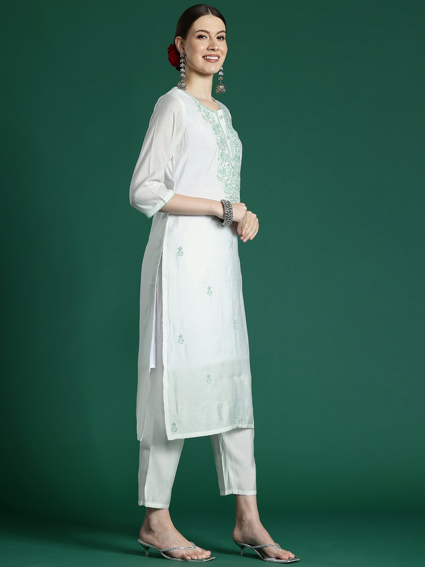 IE White Embroidered Straight Kurta Trousers With Dupatta set