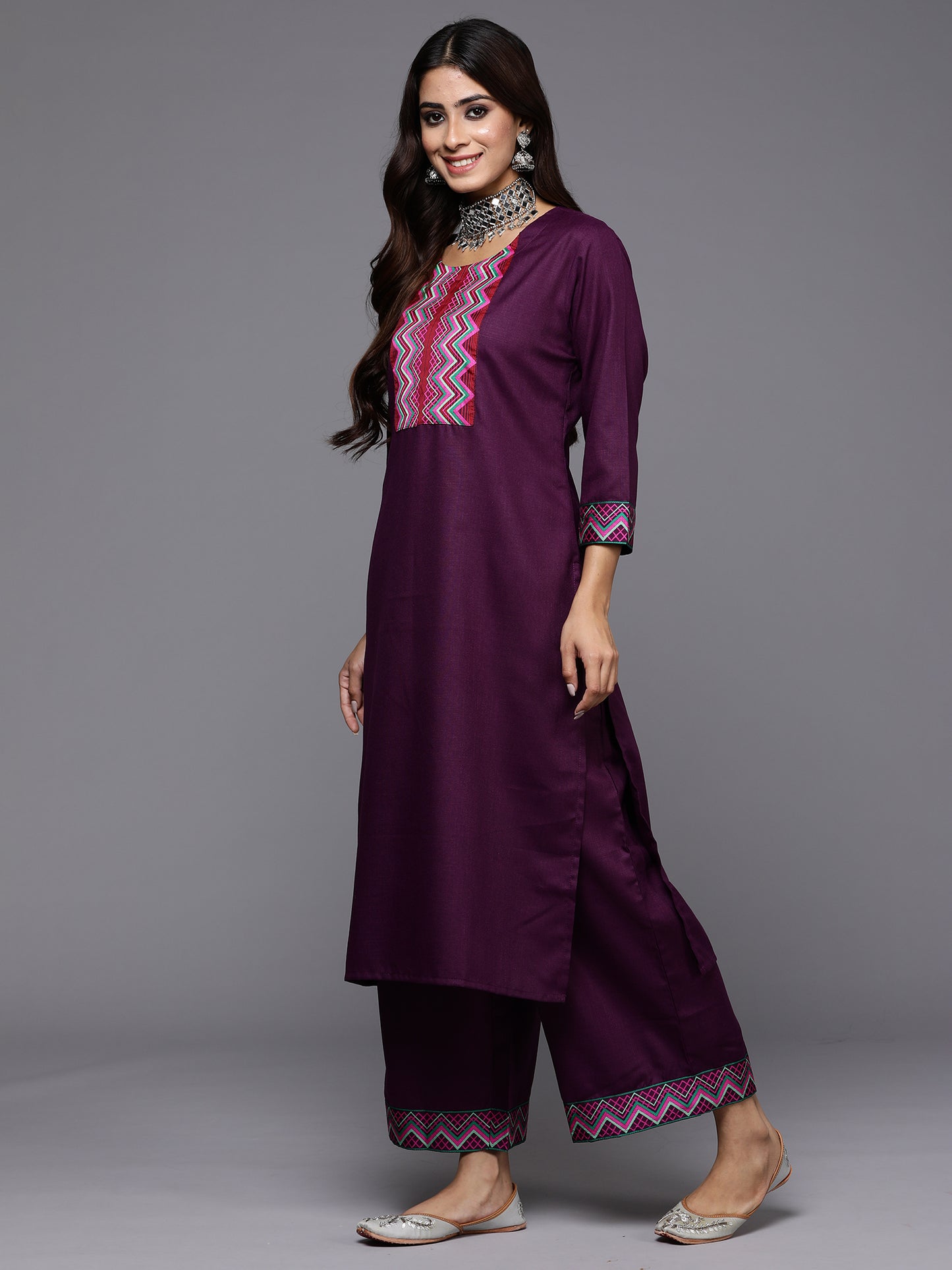 IE Purple Yoke Design Straight Kurta Palazzos With Dupatta Set