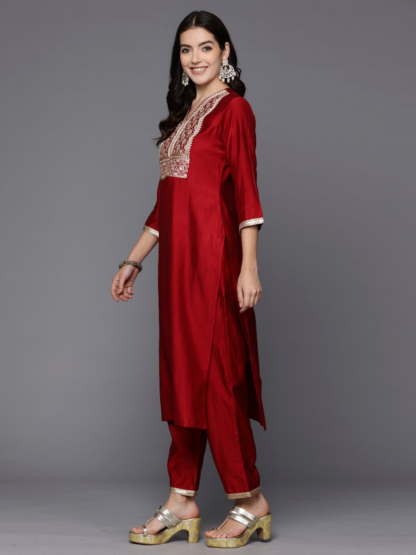 IE Red Embroidered Straight Kurta Trousers With Dupatta Set