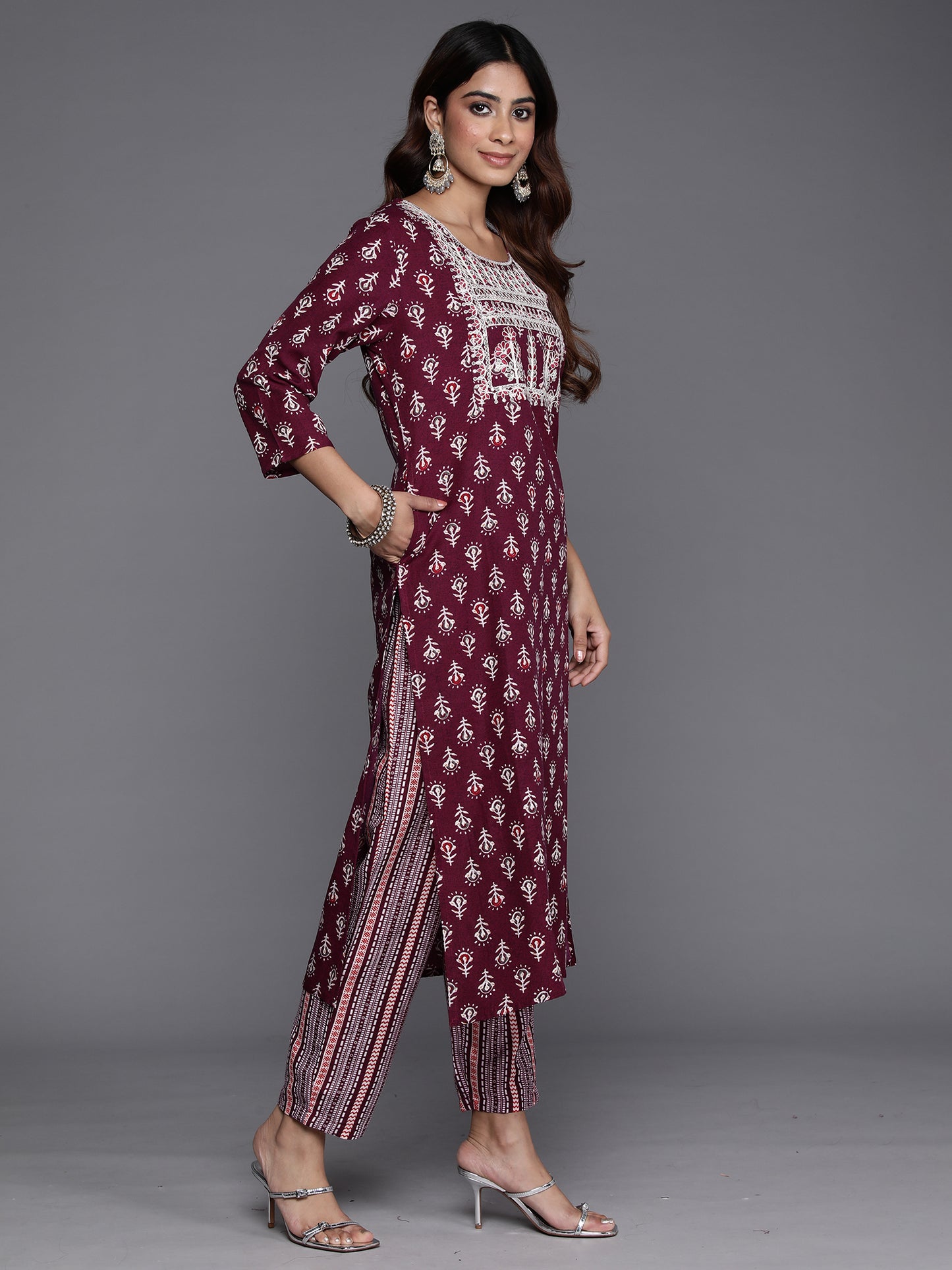 IE Burgundy Printed Straight Kurta Trousers With Dupatta Set