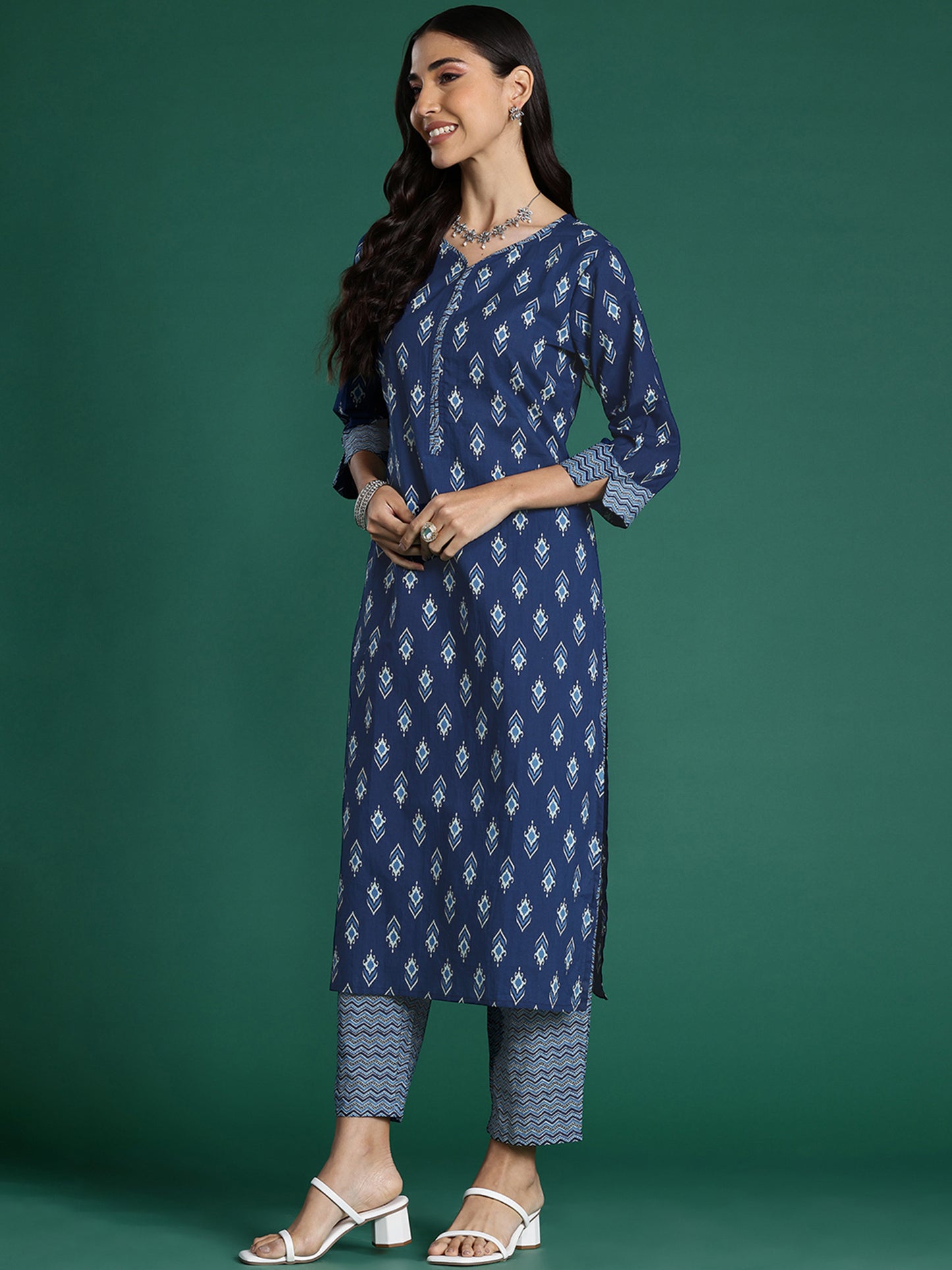 IE Blue Printed Straight Kurta Trousers With Dupatta set