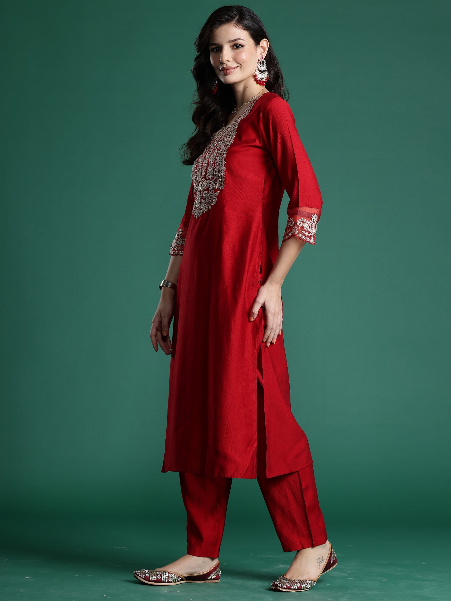 IE Red Embroidered Straight Kurta Trousers With Dupatta set