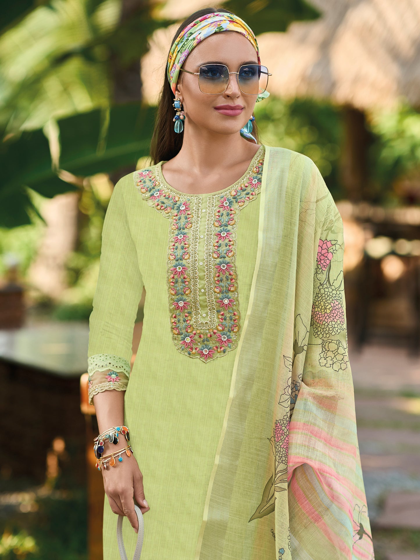 IE Green Embroidered Straight Kurta Trousers With Dupatta set