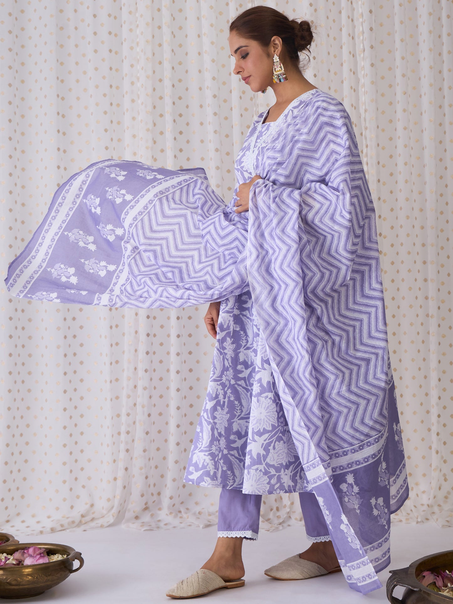 IE Lavender Printed A-Line Kurta Trousers With Dupatta set