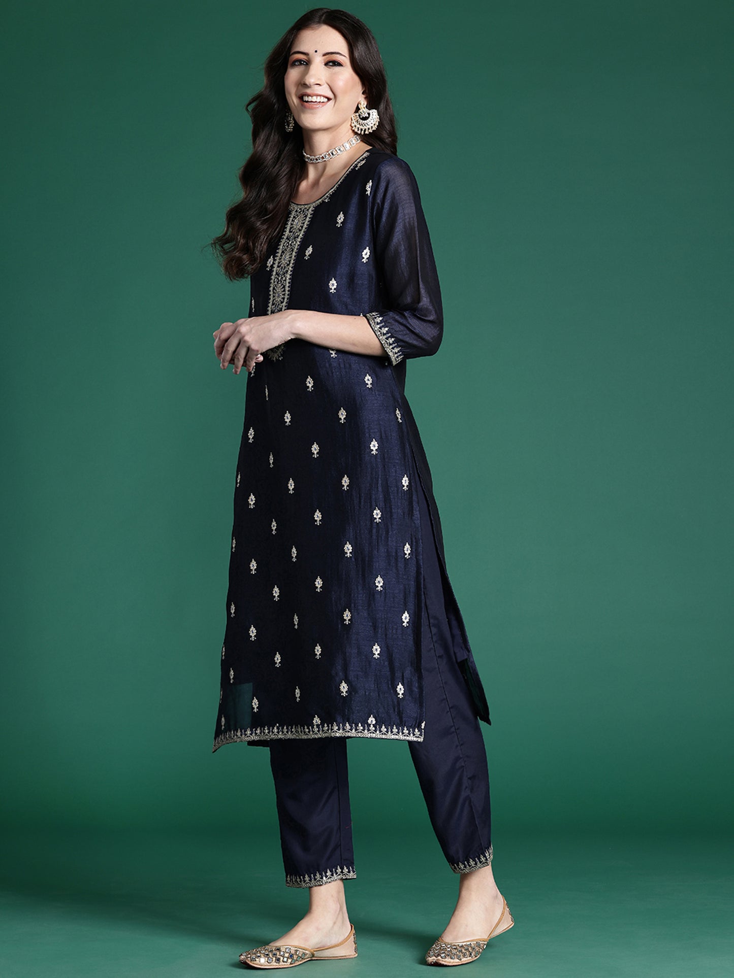 IE Navy Blue Embroidered Straight Kurta Trousers With Dupatta set