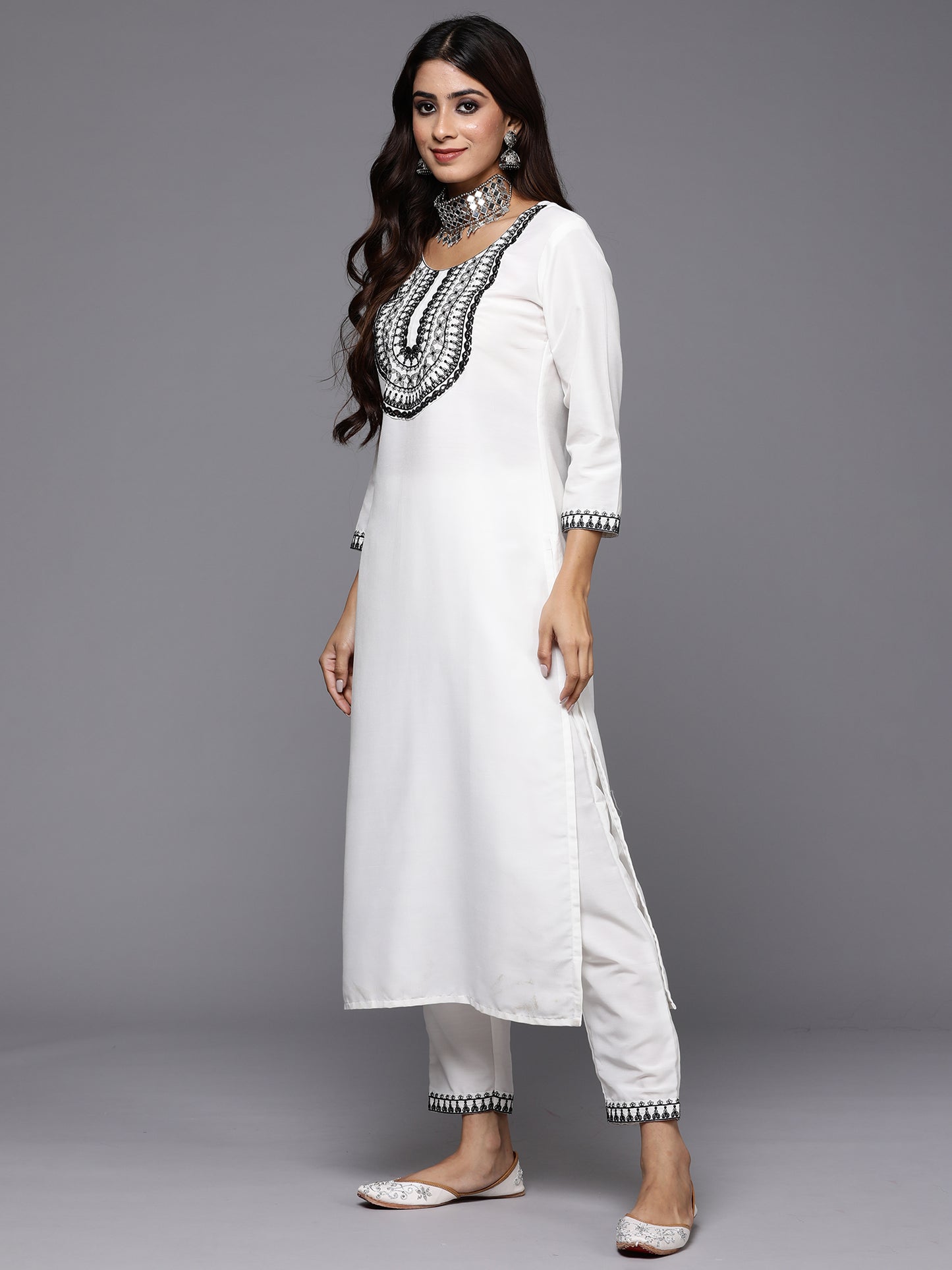 IE White Embroidered Straight Kurta Trousers With Dupatta Set