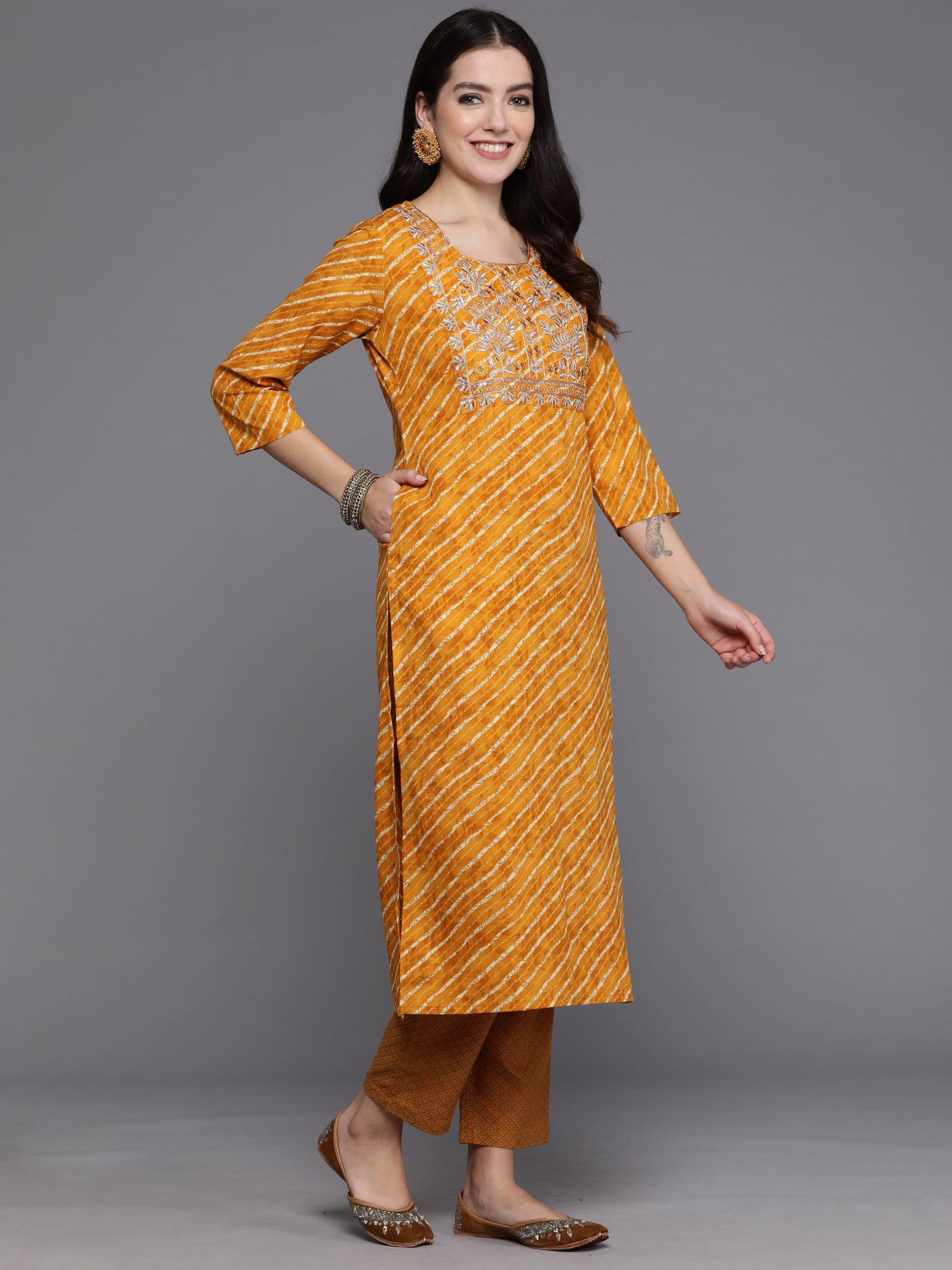 IE Mustard Printed Straight Kurta Trousers With Dupatta set