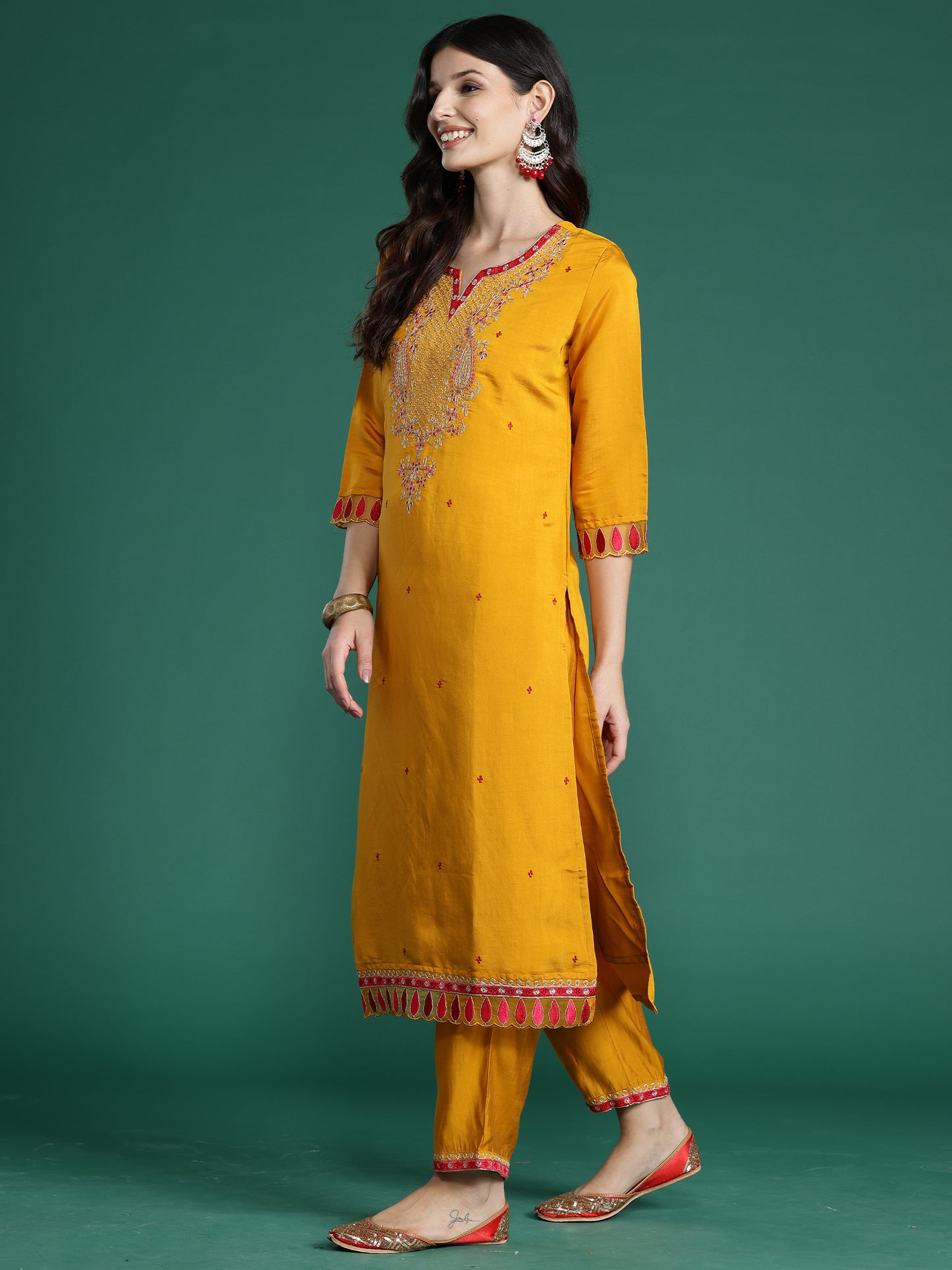 IE Mustard Embroidered Straight Kurta Trousers With Dupatta set