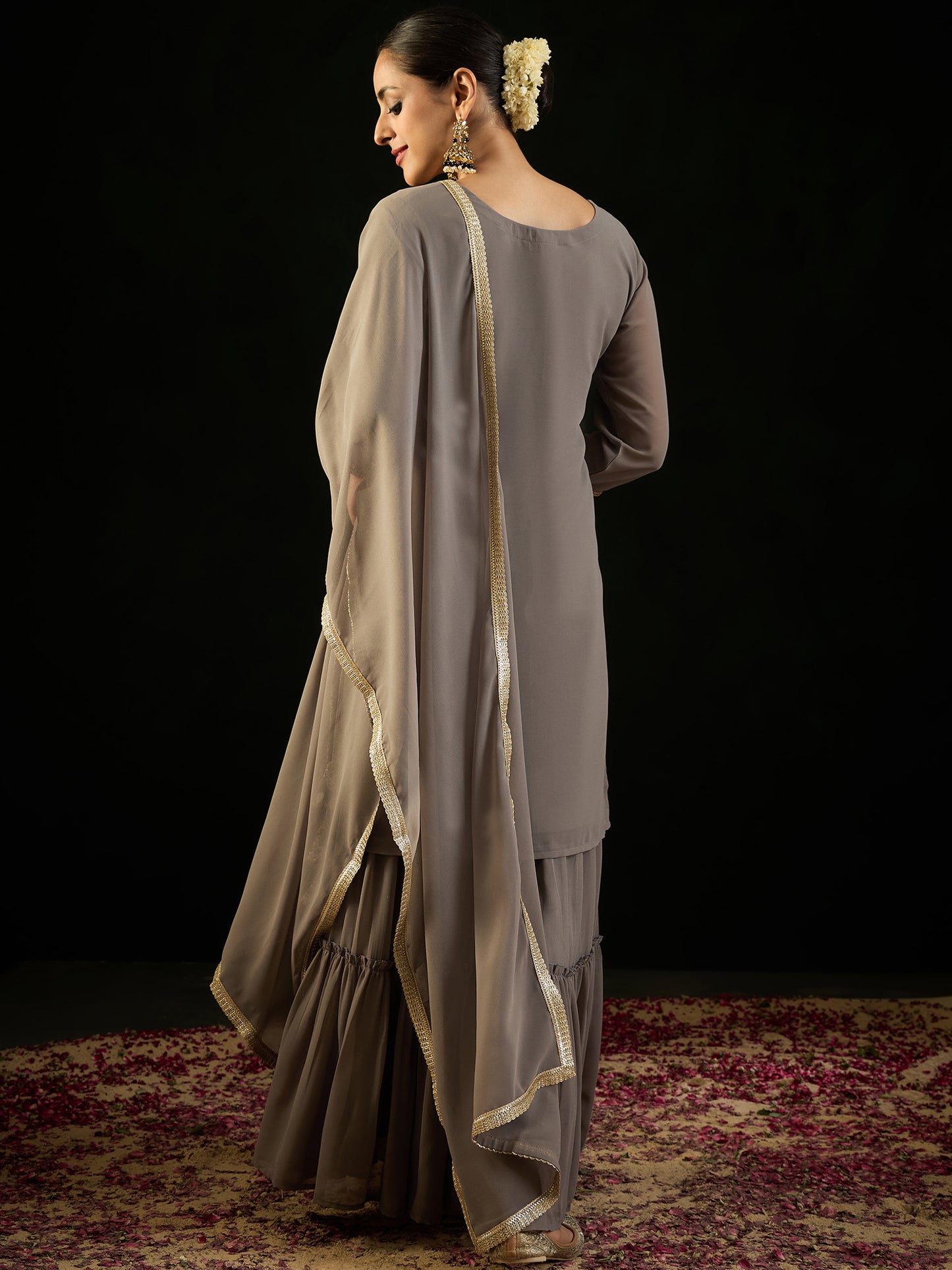 IE Grey Embroidered Straight Kurta Sharara With Dupatta set