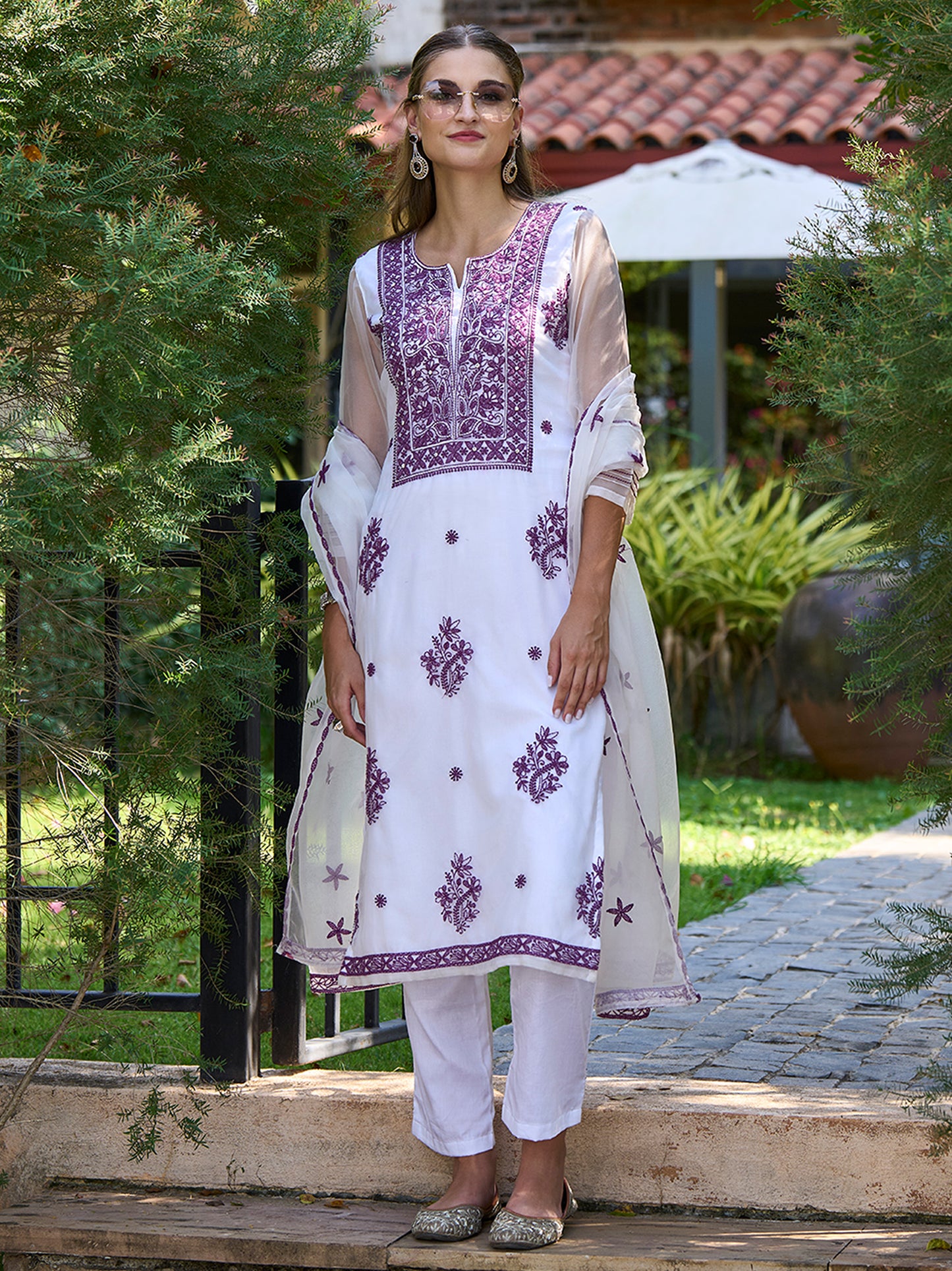 IE White Embroidered Straight Kurta Trousers With Dupatta set