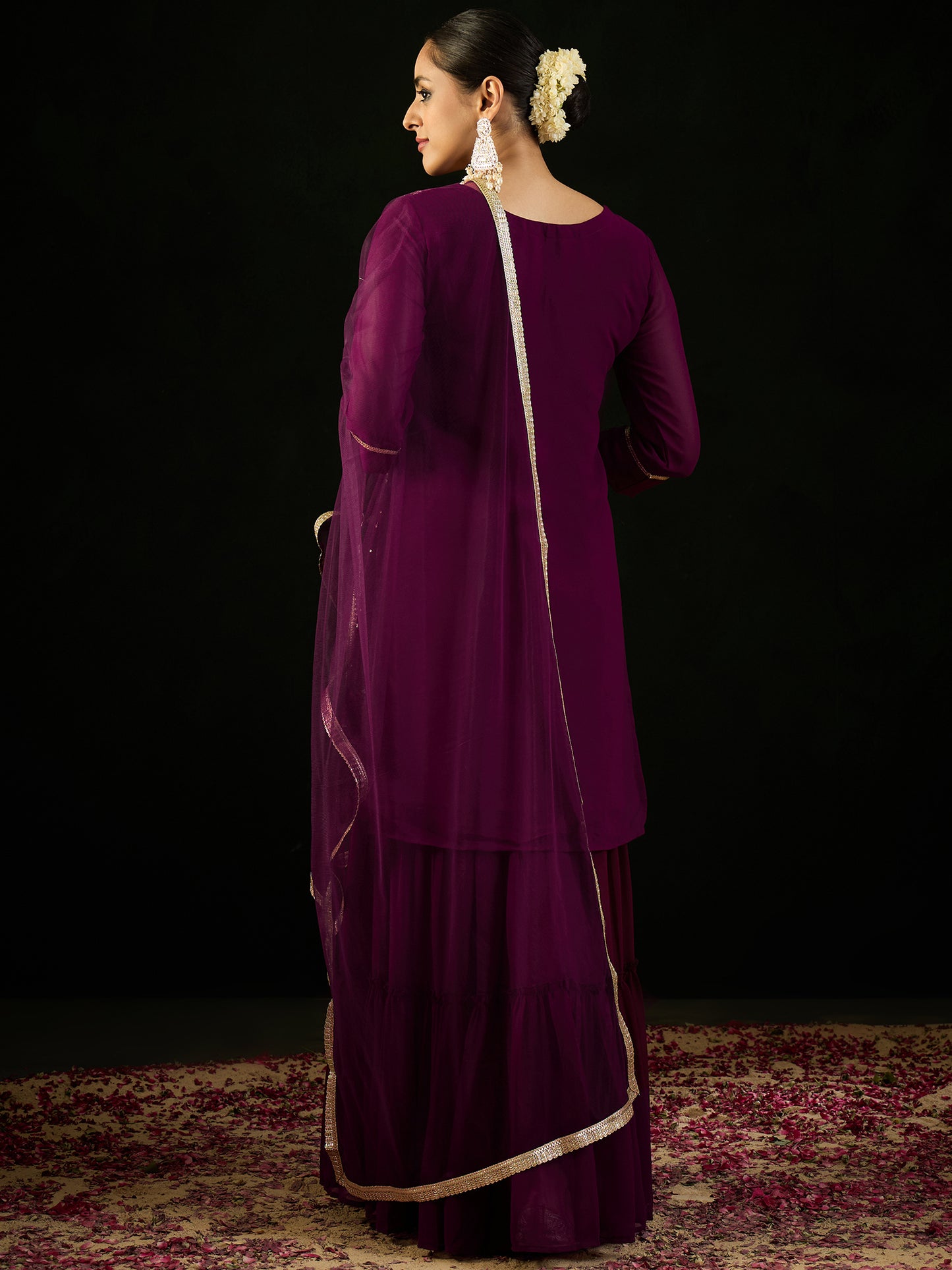 IE Burgundy Embroidered Straight Kurta Sharara With Dupatta set