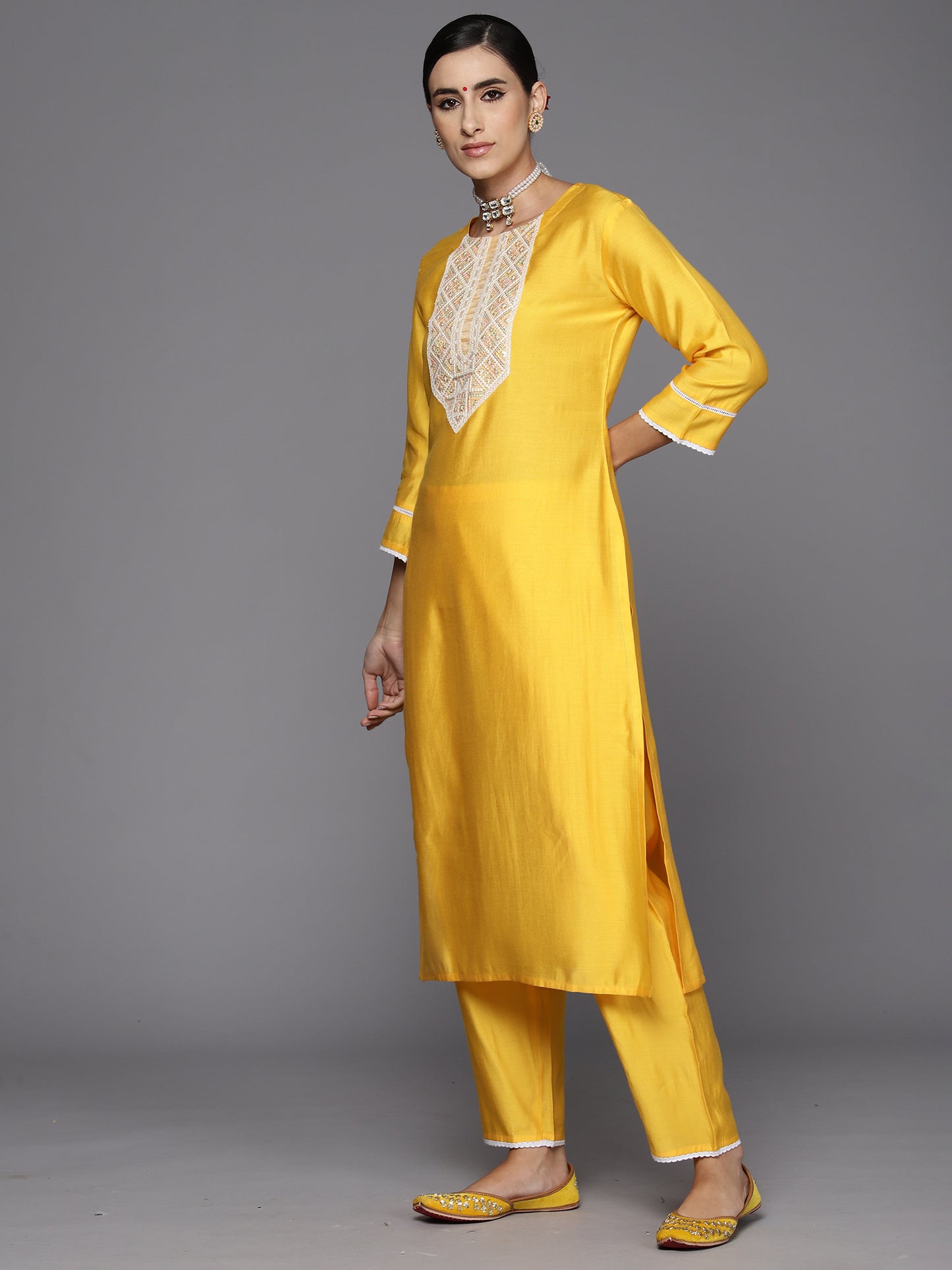 IE Yellow Embroidered Straight Kurta Trousers With Dupatta Set