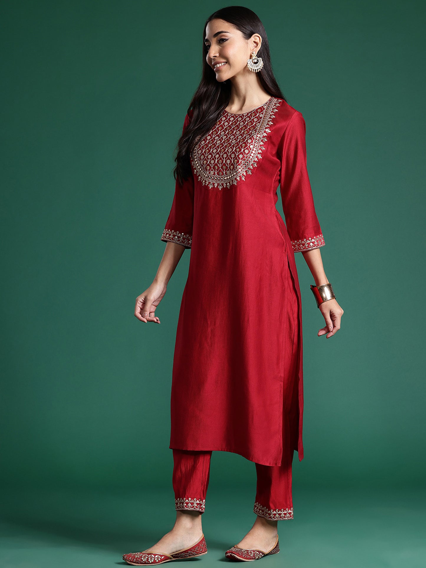 IE Red Embroidered Straight Kurta Trousers With Dupatta Set