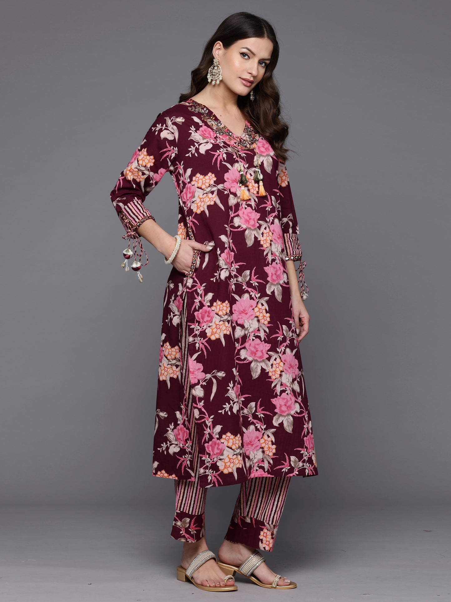 IE Burgundy Printed Straight Kurta Trousers With Dupatta Set