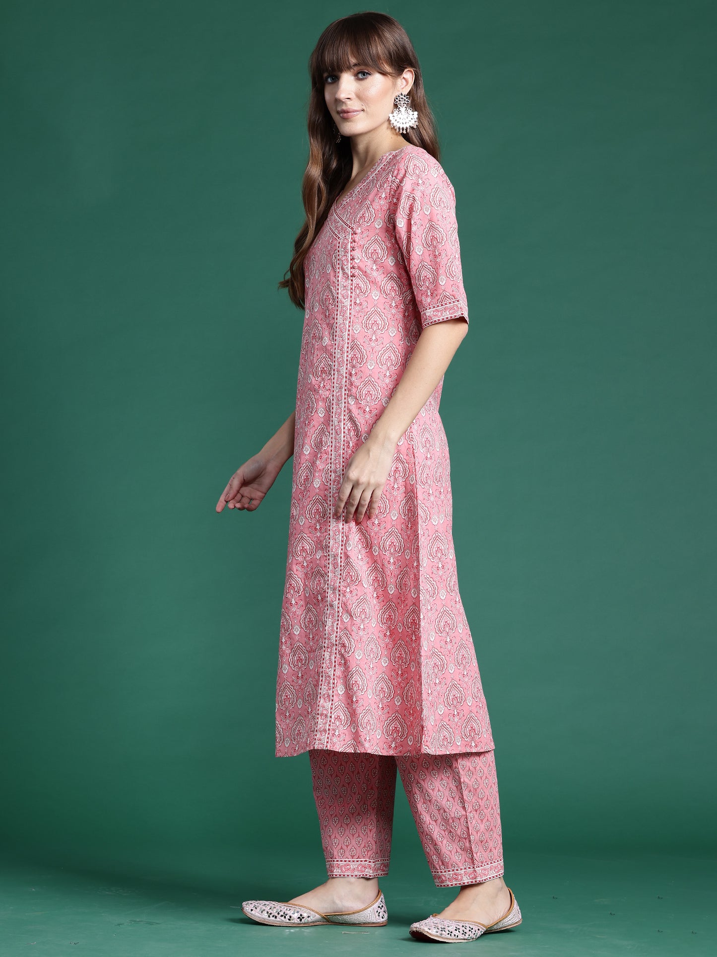 IE Pink Printed A-Line Kurta Trousers With Dupatta set