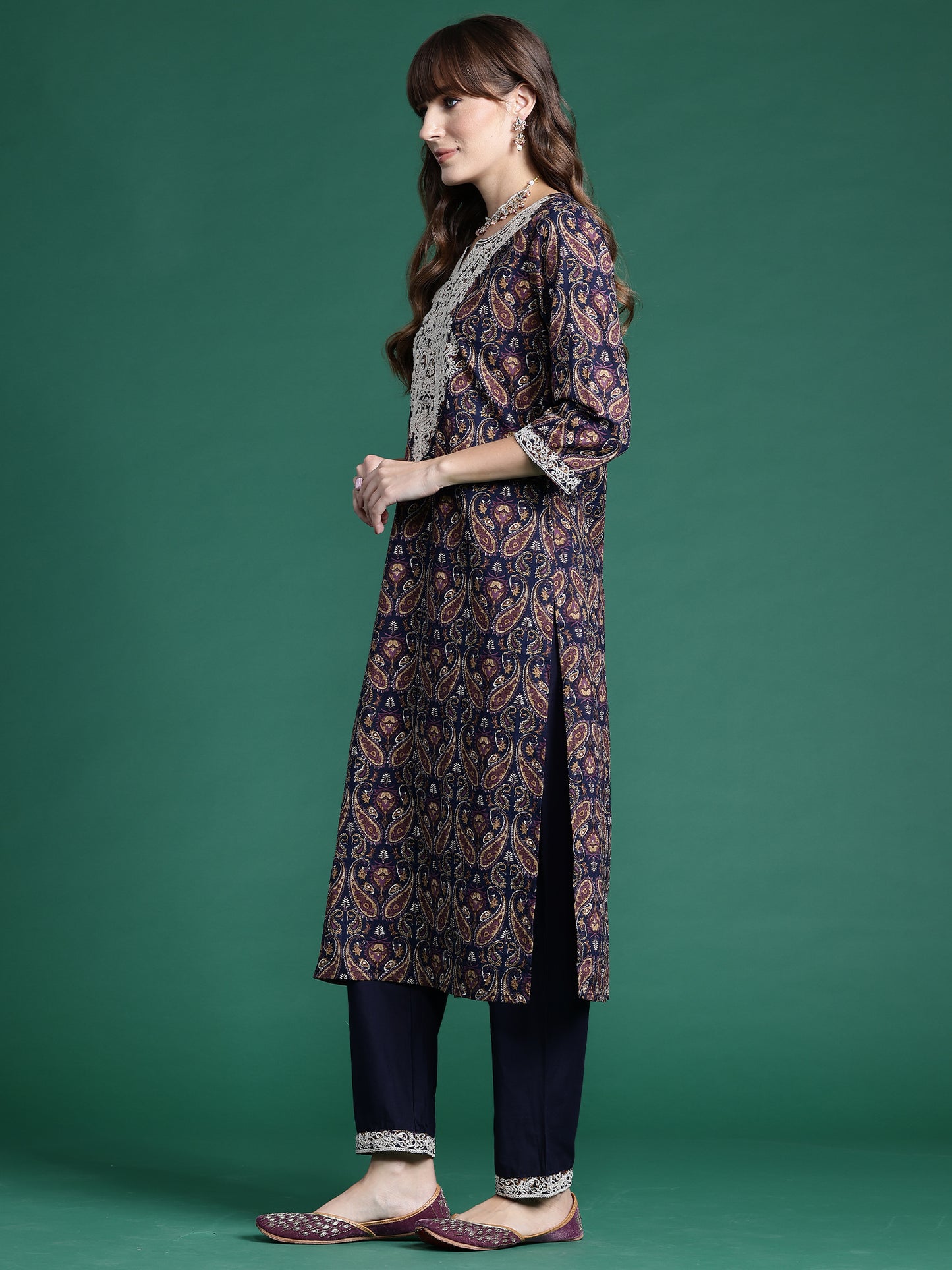 IE Navy Blue Printed Straight Kurta Trousers With Dupatta set