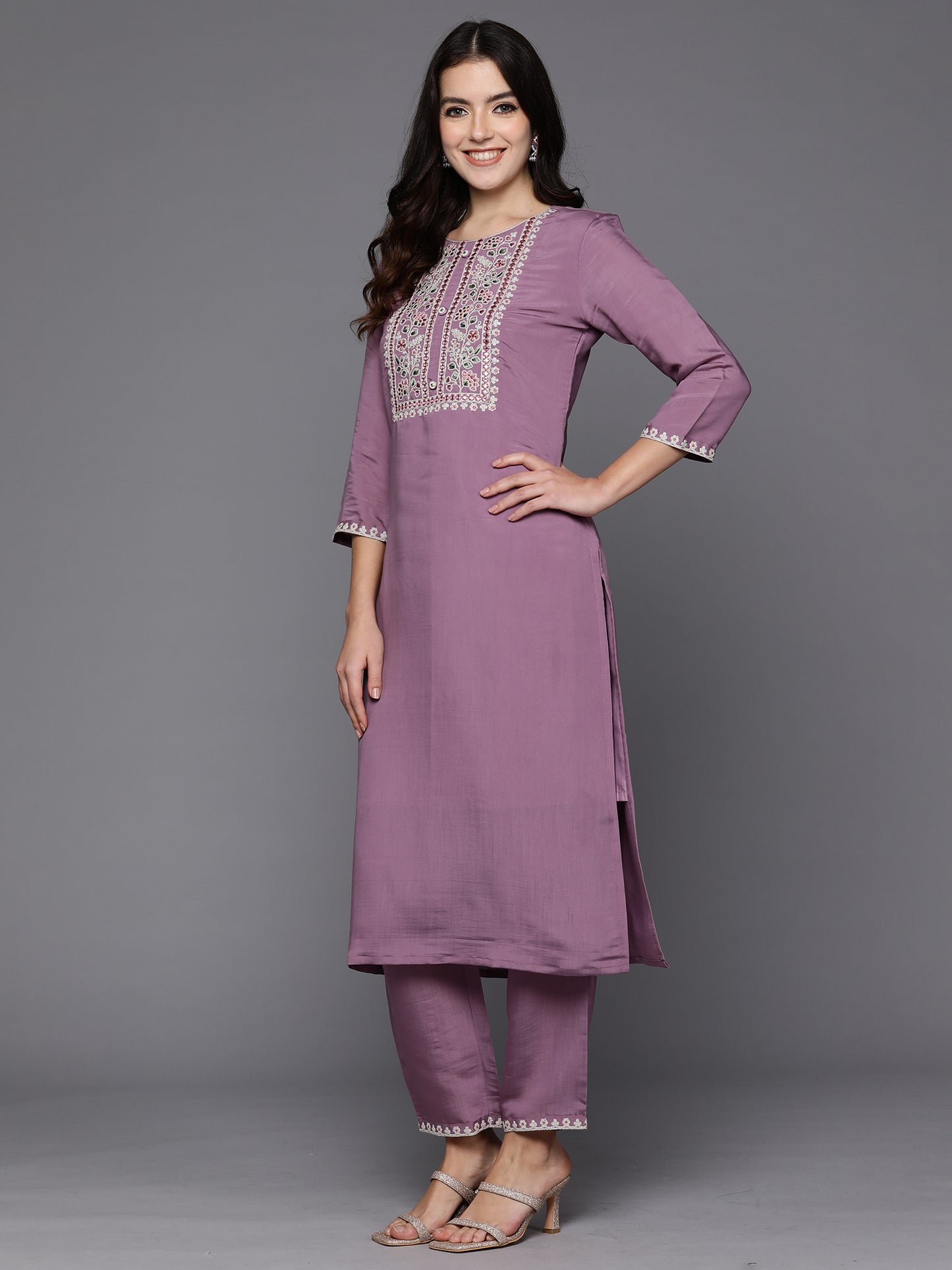 IE Lavender Embroidered Straight Kurta Trousers With Dupatta set