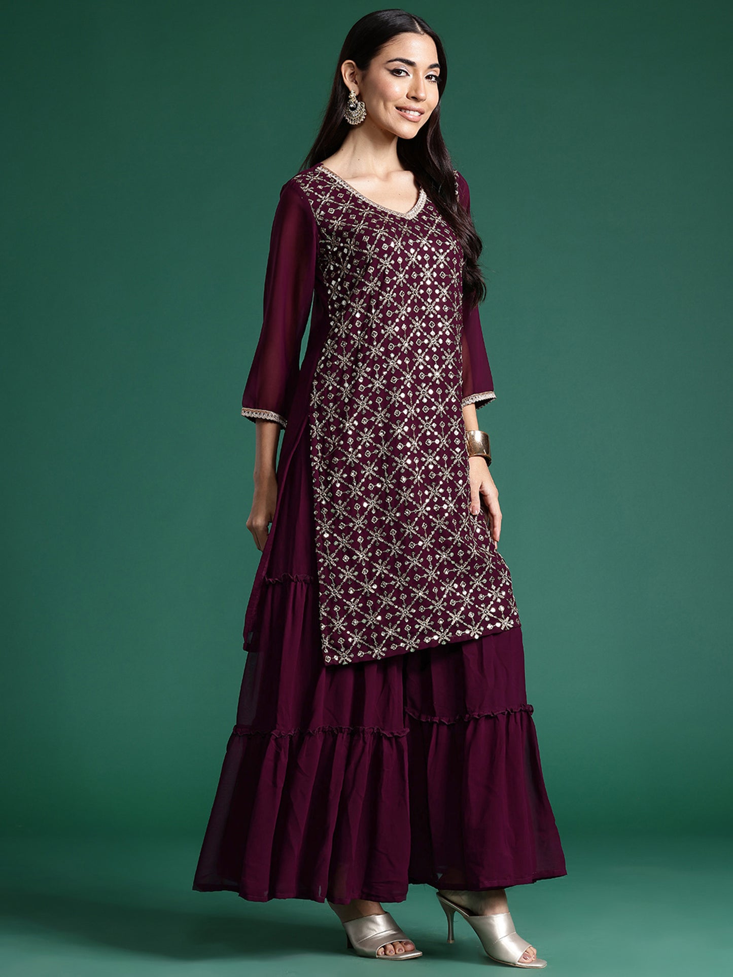 IE Burgundy Embroidered Straight Kurta Sharara With Dupatta set