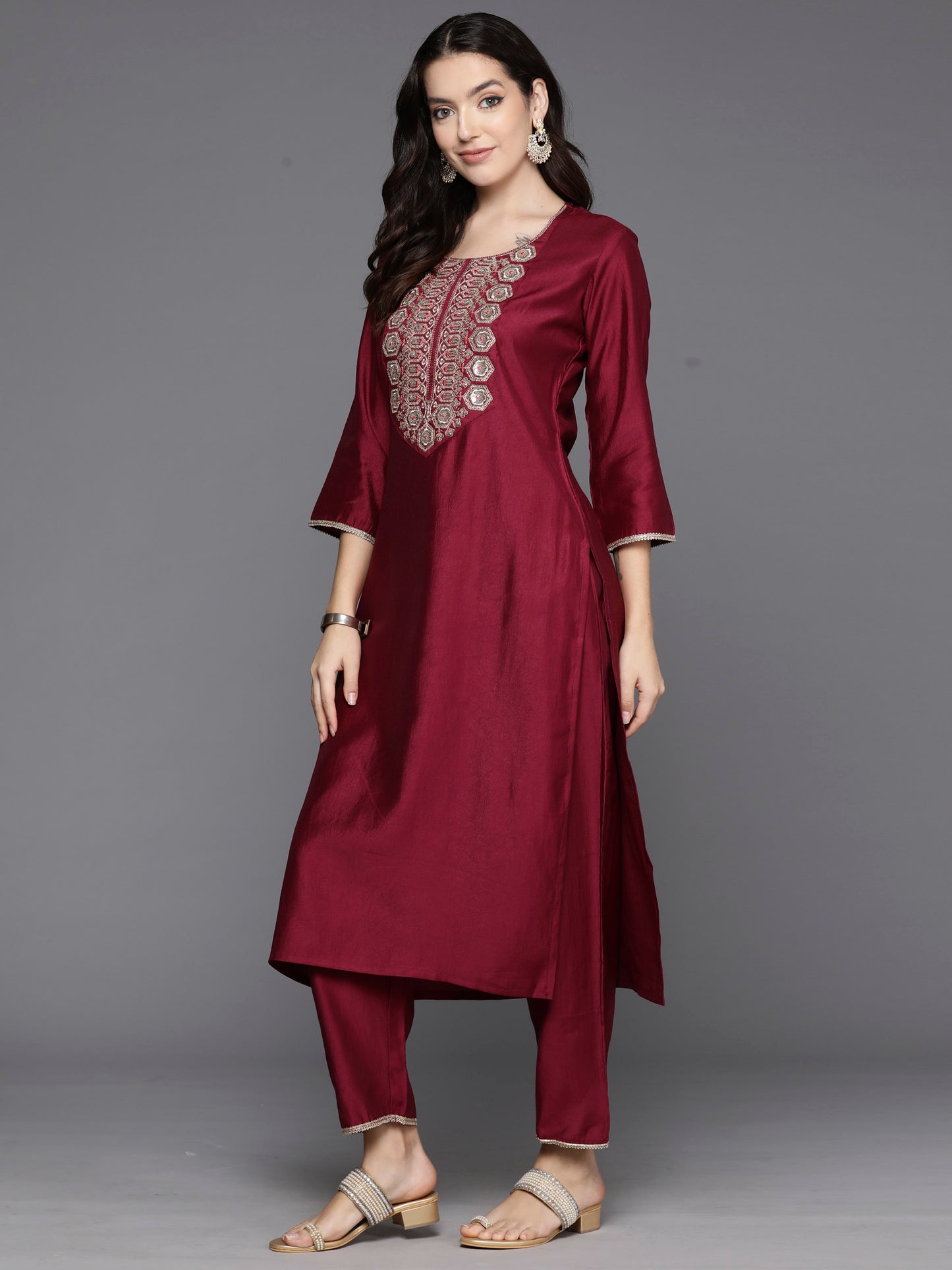 IE Burgundy Embroidered Straight Kurta Trousers With Dupatta Set