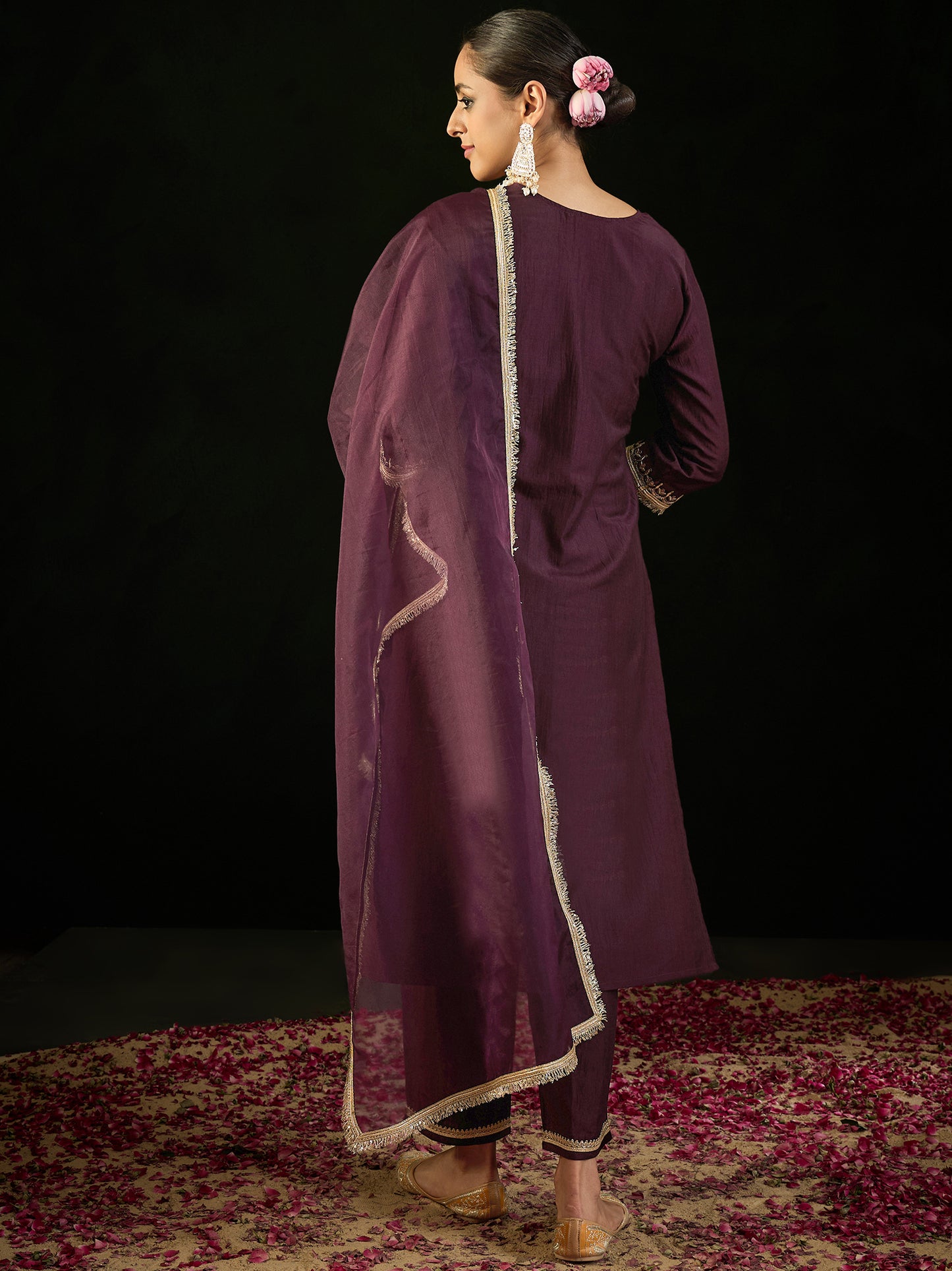 IE Burgundy Embroidered Straight Kurta Trousers With Dupatta set