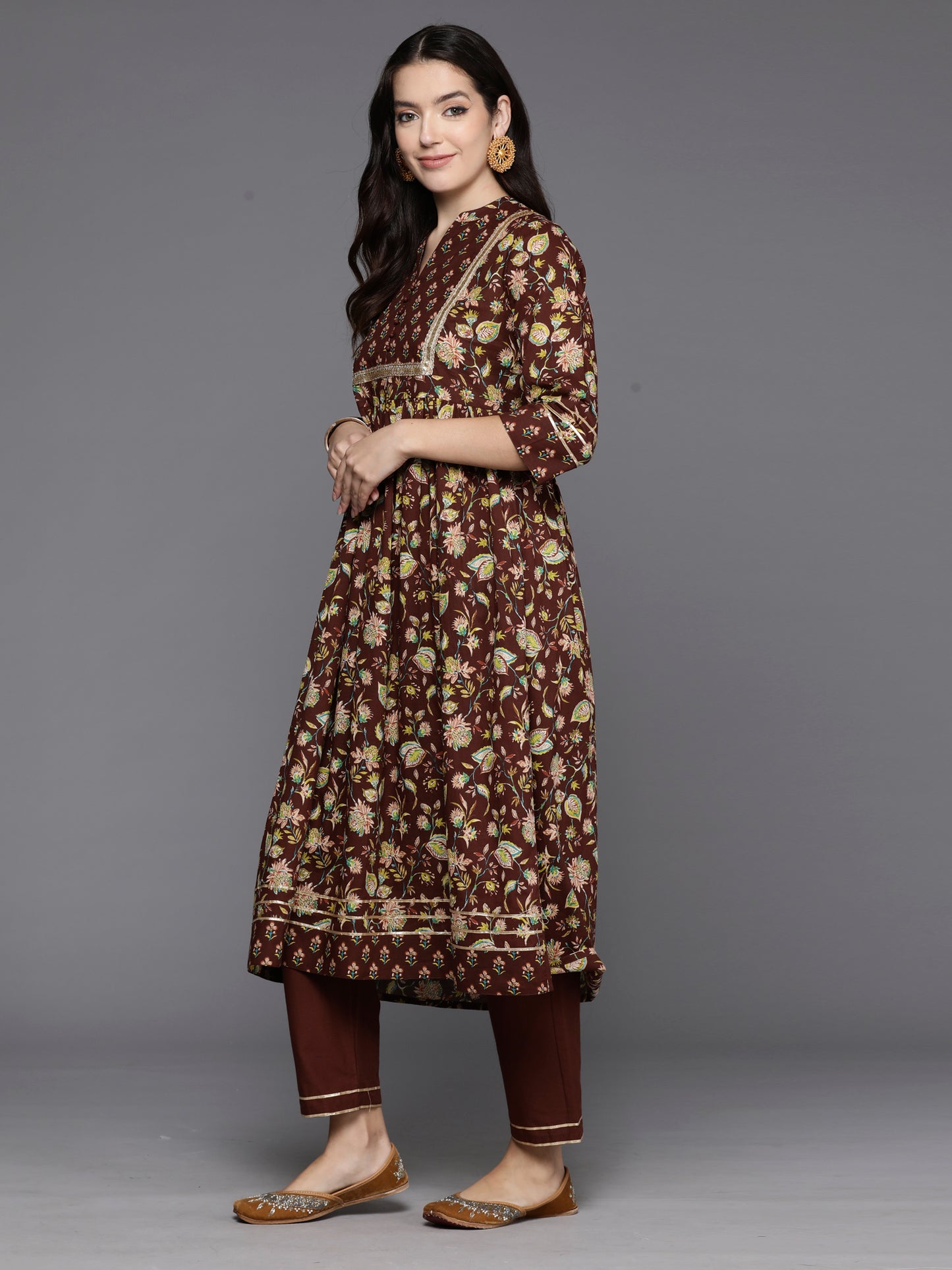 IE Brown Printed A-Line Kurta Trousers With Dupatta Set