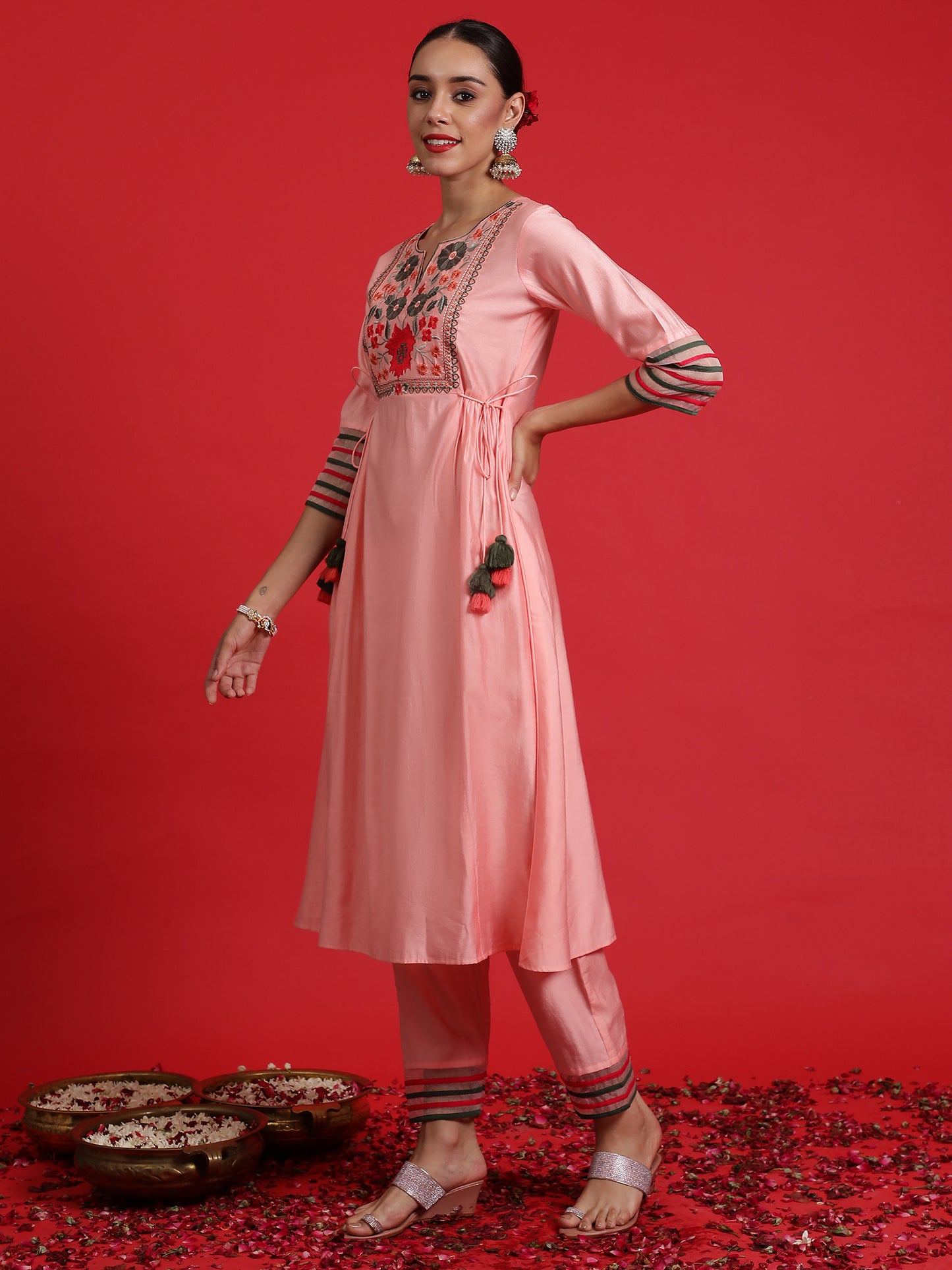 IE Pink Embroidered A-Line Kurta Trousers Set