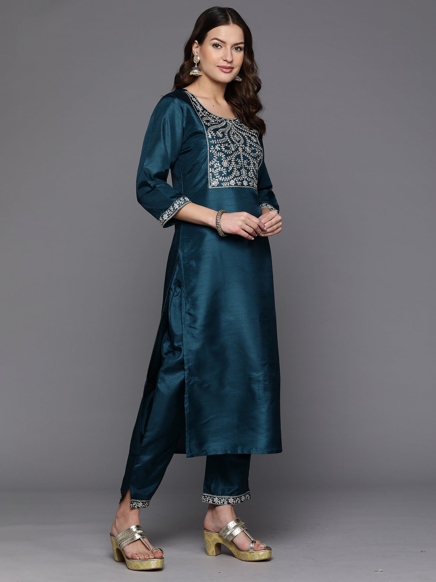 IE Teal Embroidered Straight Kurta Trousers With Dupatta Set