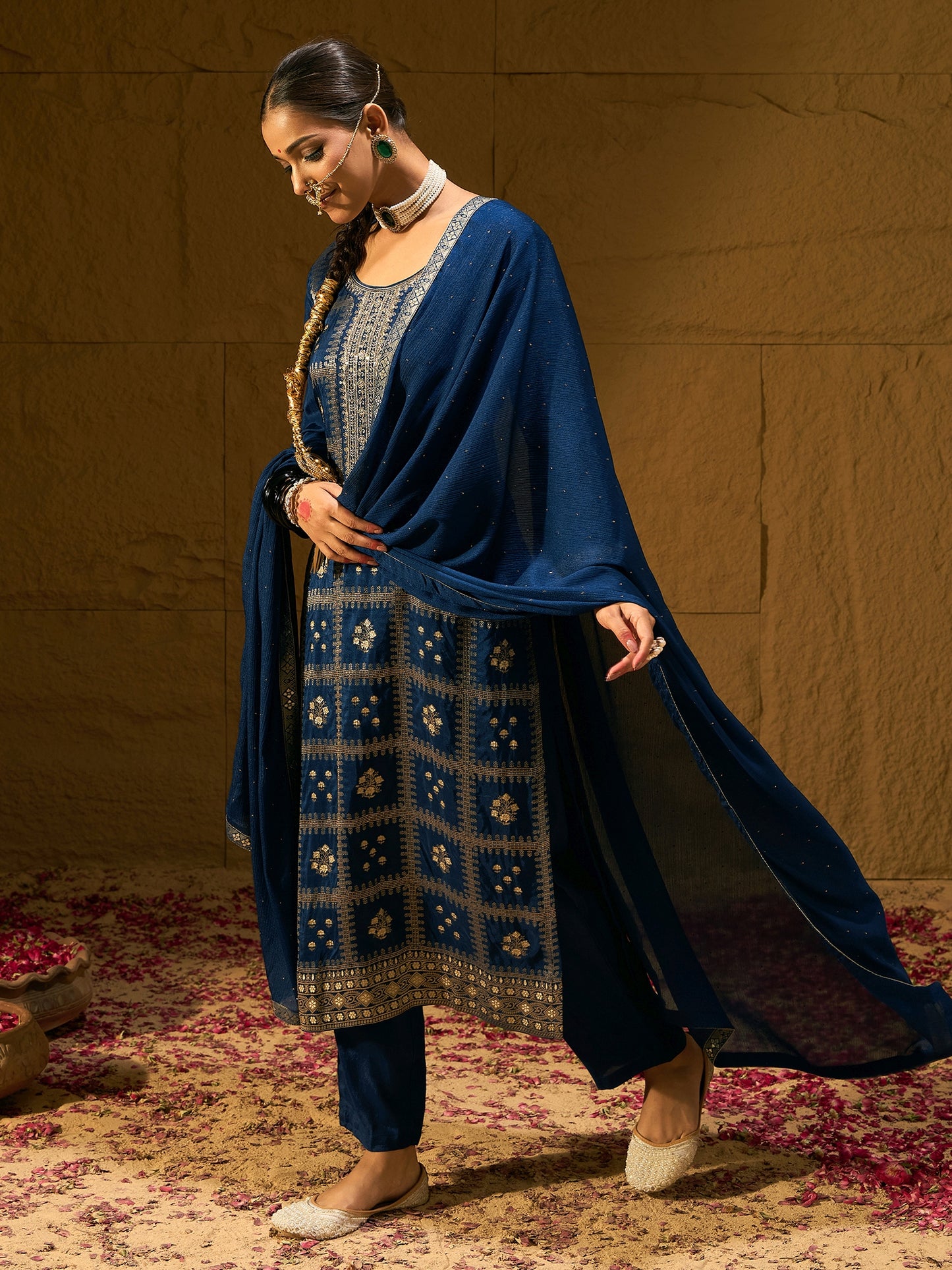 IE Blue Embroidered Straight Kurta Trousers With Dupatta set