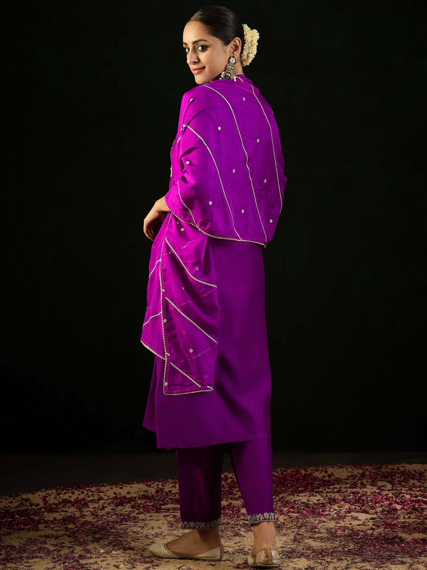 IE Purple Embroidered A-Line Kurta Trousers With Dupatta set