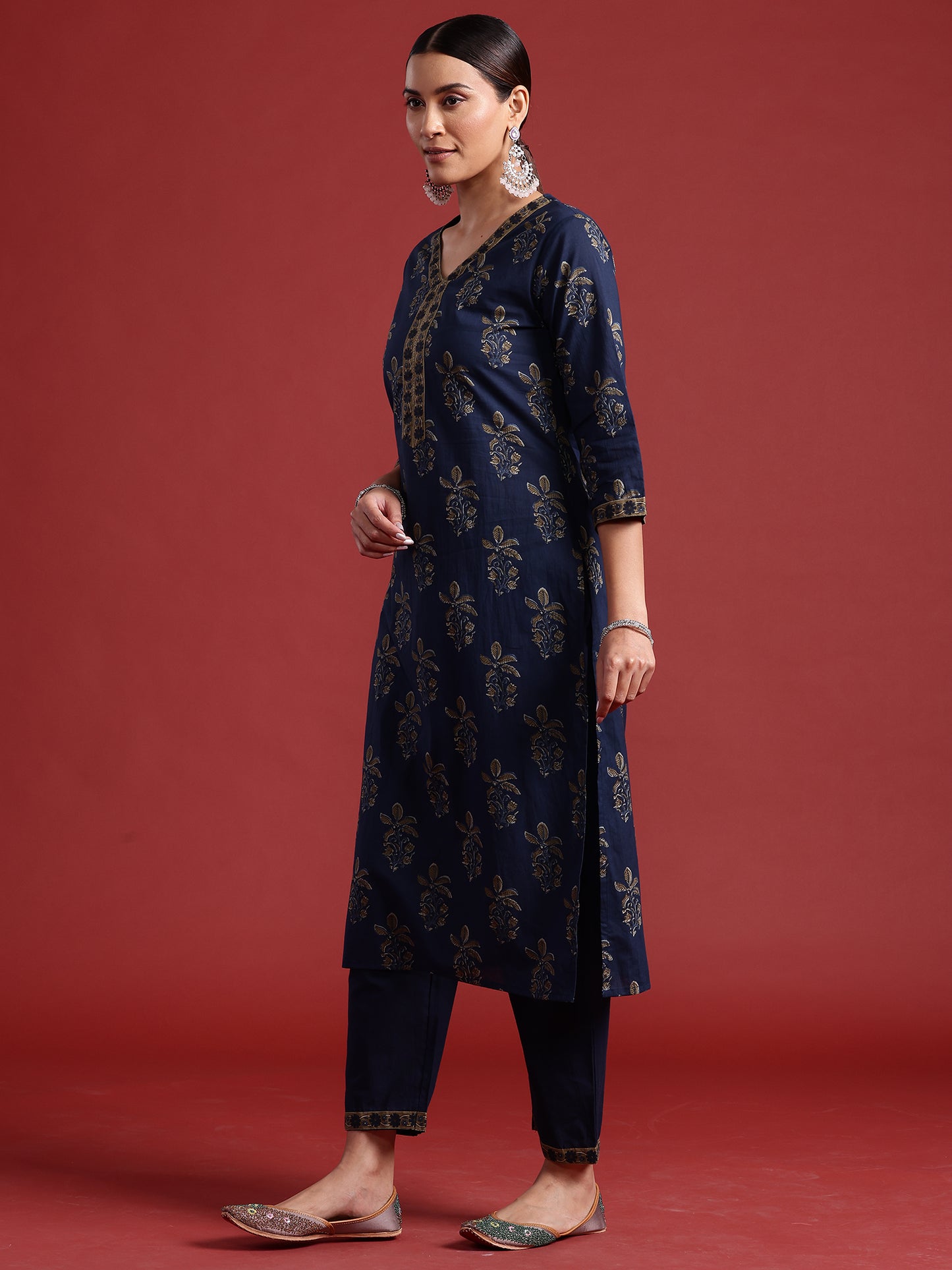 IE Blue Printed Straight Kurta Trousers With Dupatta set