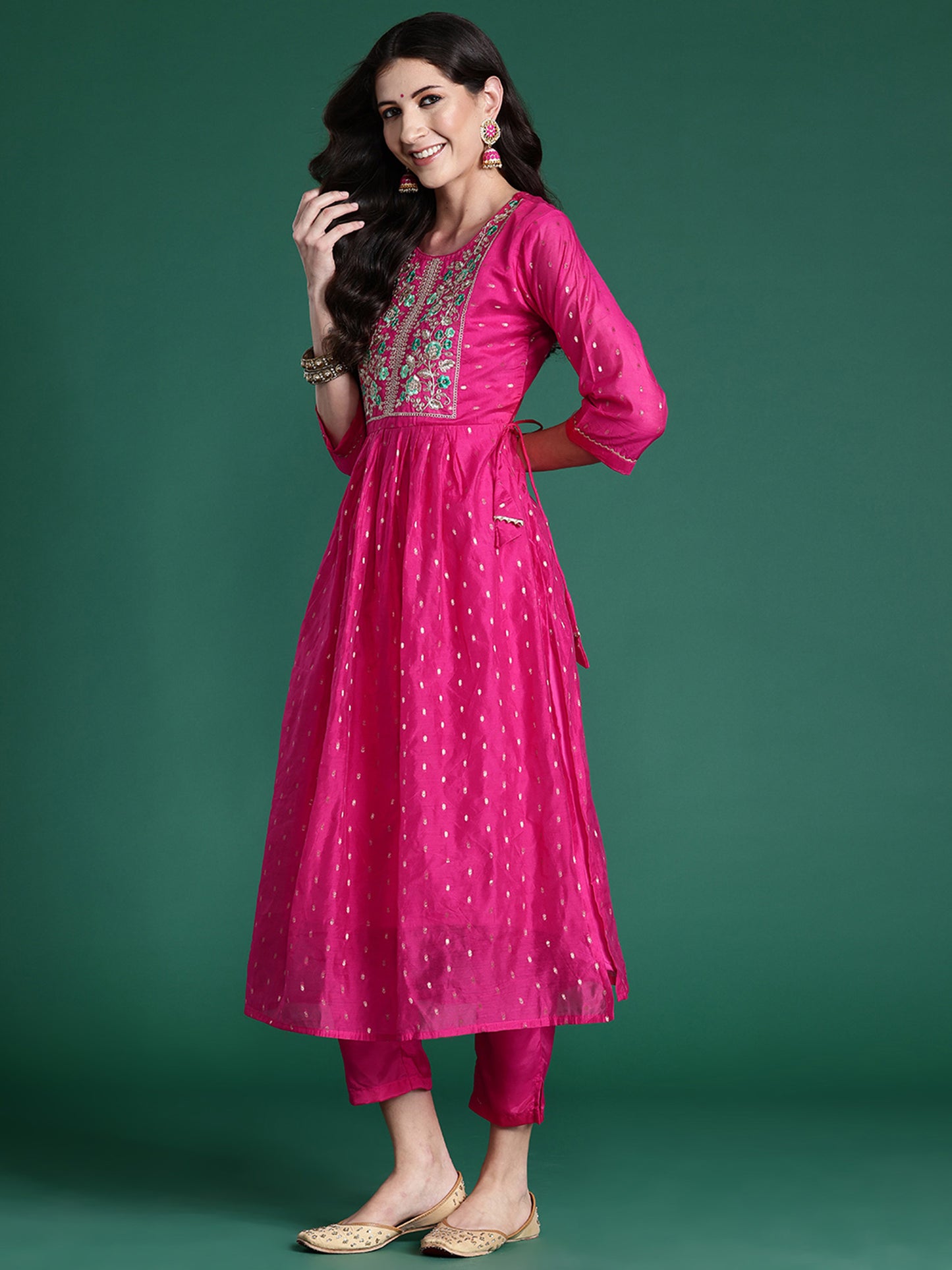 IE Pink Embroidered A-Line Kurta Trousers With Dupatta set