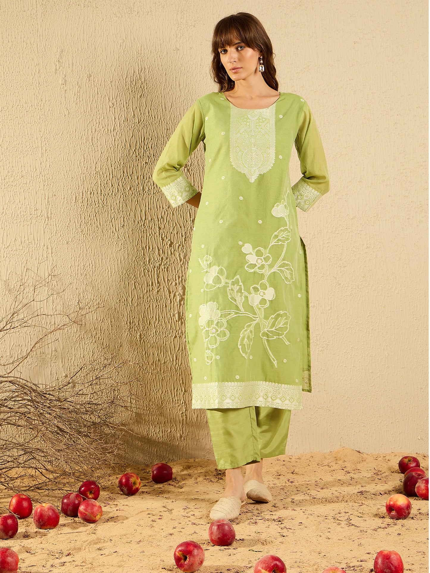 IE Green Woven Design Straight Kurta Trousers set