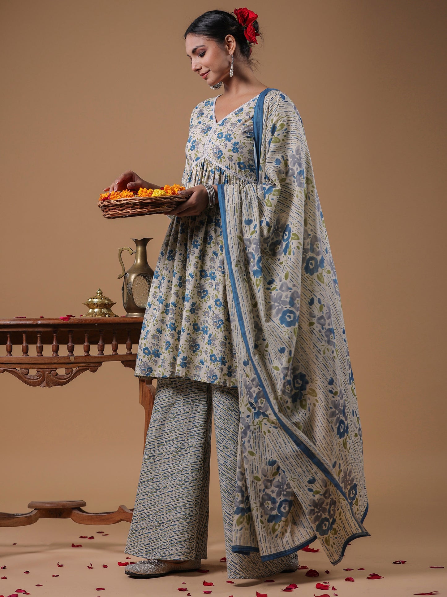 IE Beige Printed A-Line Kurta Sharara With Dupatta set