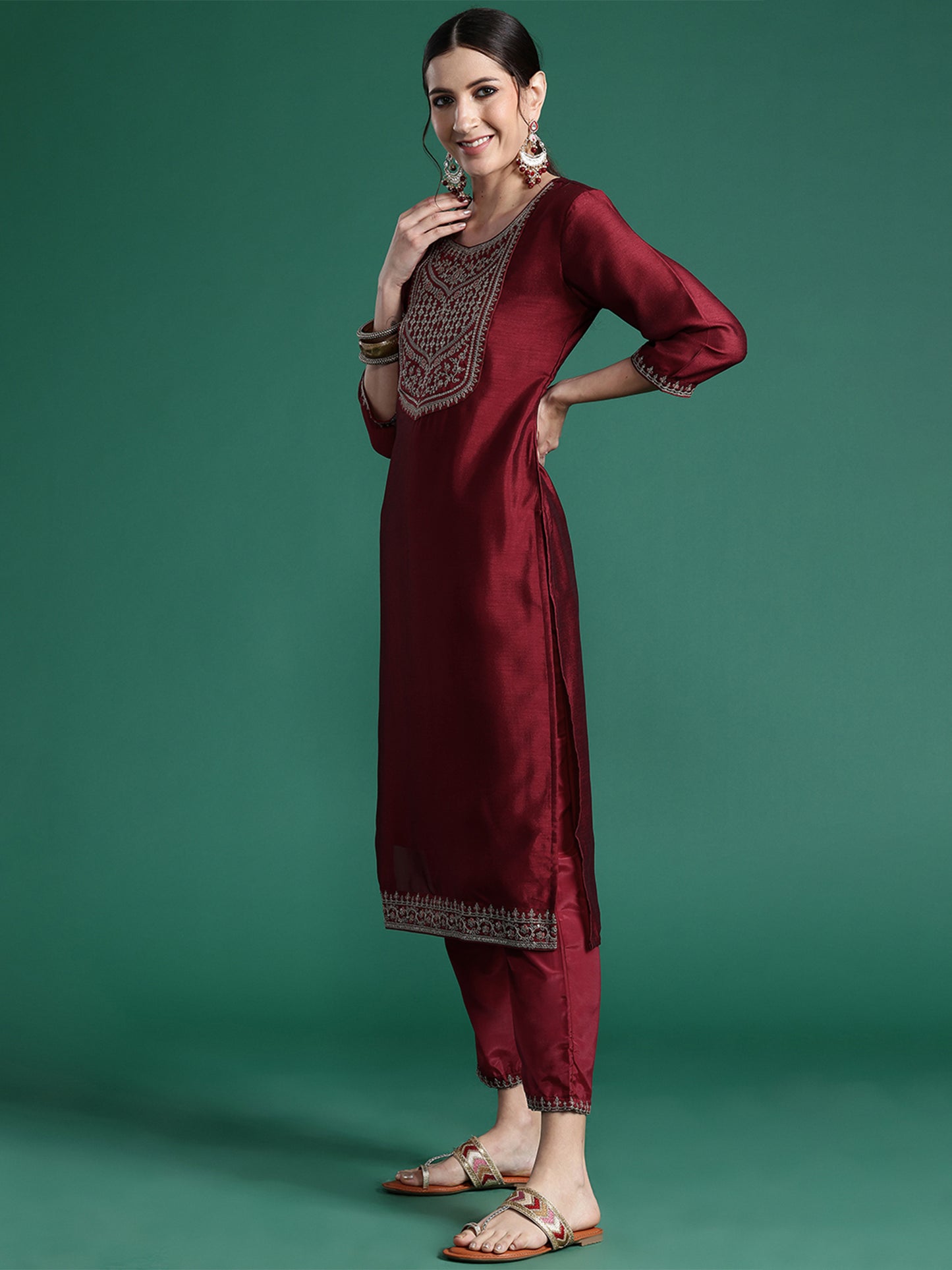 IE Maroon Embroidered Straight Kurta Trousers With Dupatta set