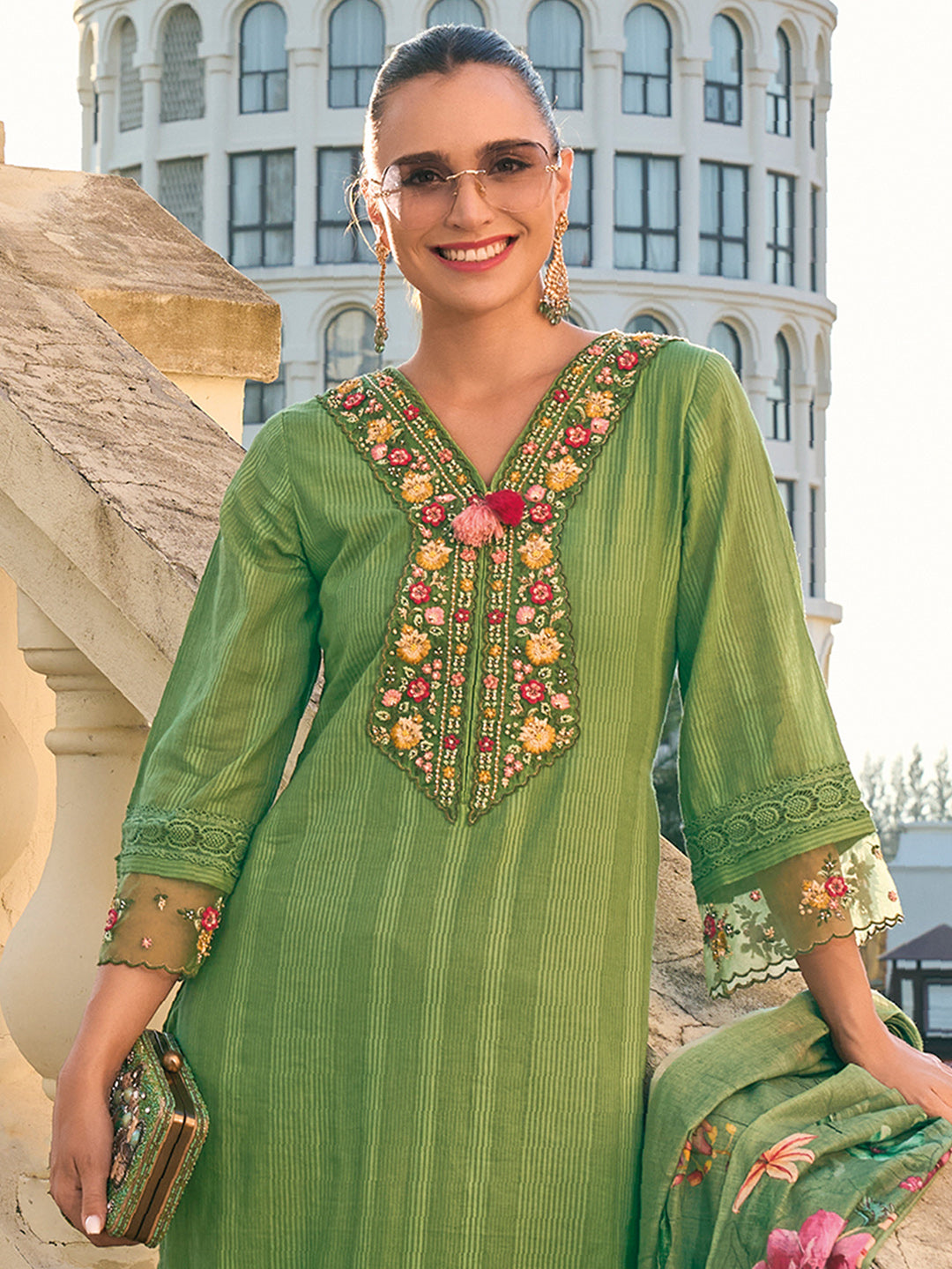 IE Green Embroidered Straight Kurta Trousers With Dupatta set