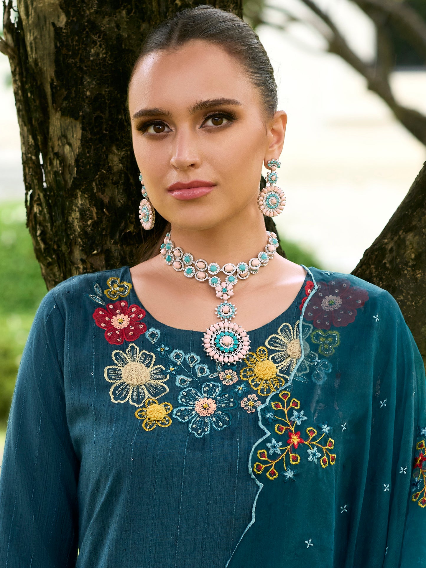 IE Teal Embroidered Straight Kurta Trousers With Dupatta set