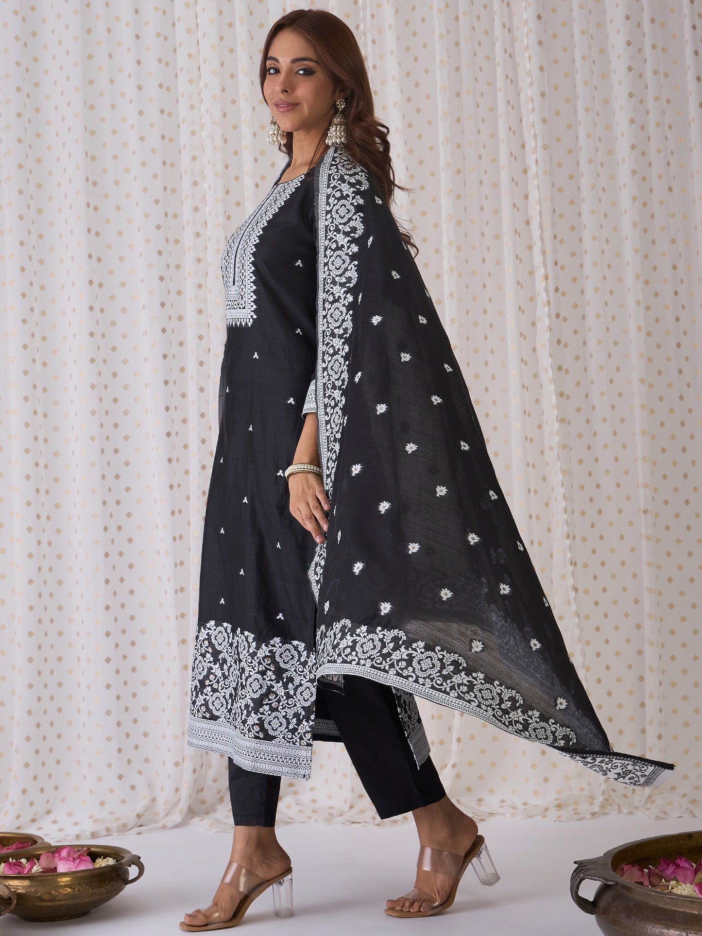 IE Black Woven Design Straight Kurta Trousers With Dupatta set