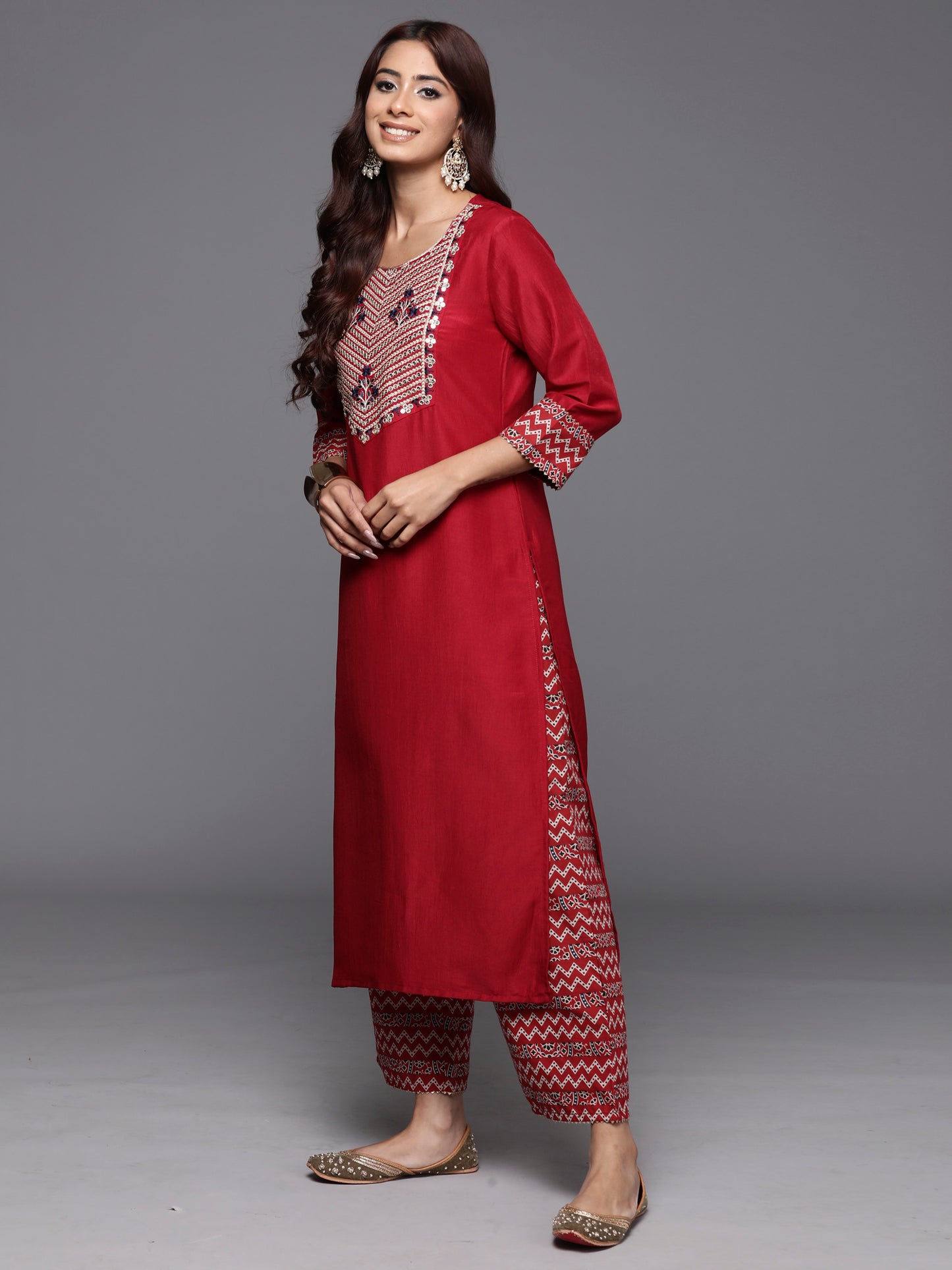 IE Rust Embroidered Straight Kurta Palazzos With Dupatta Set