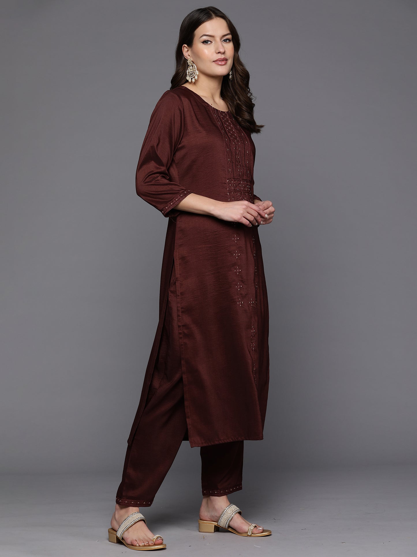 IE Burgundy Embroidered Straight Kurta Trousers With Dupatta set