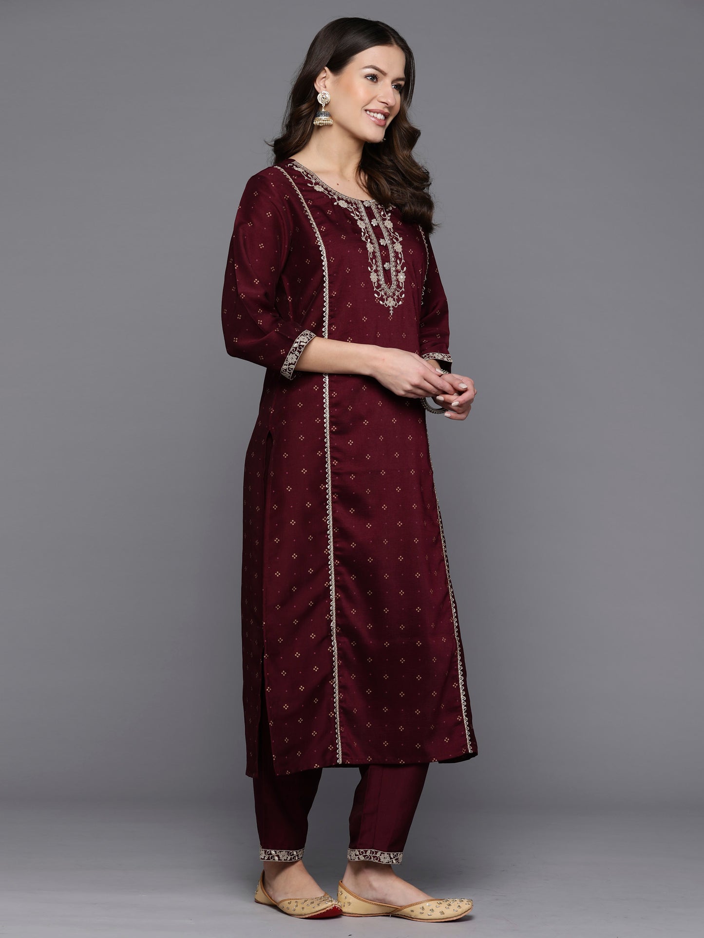 IE Burgundy Embroidered Straight Kurta Trousers With Dupatta Set